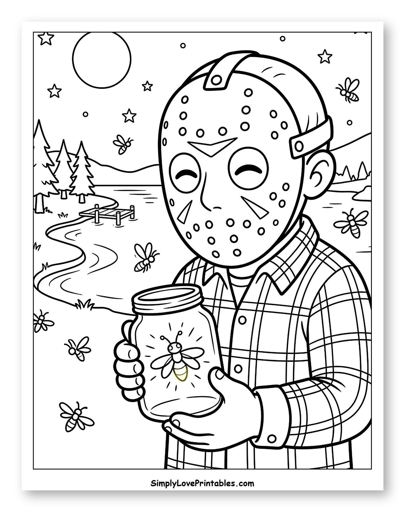 Masked Figure Catching Fireflies by a Lake Coloring Page for Kids