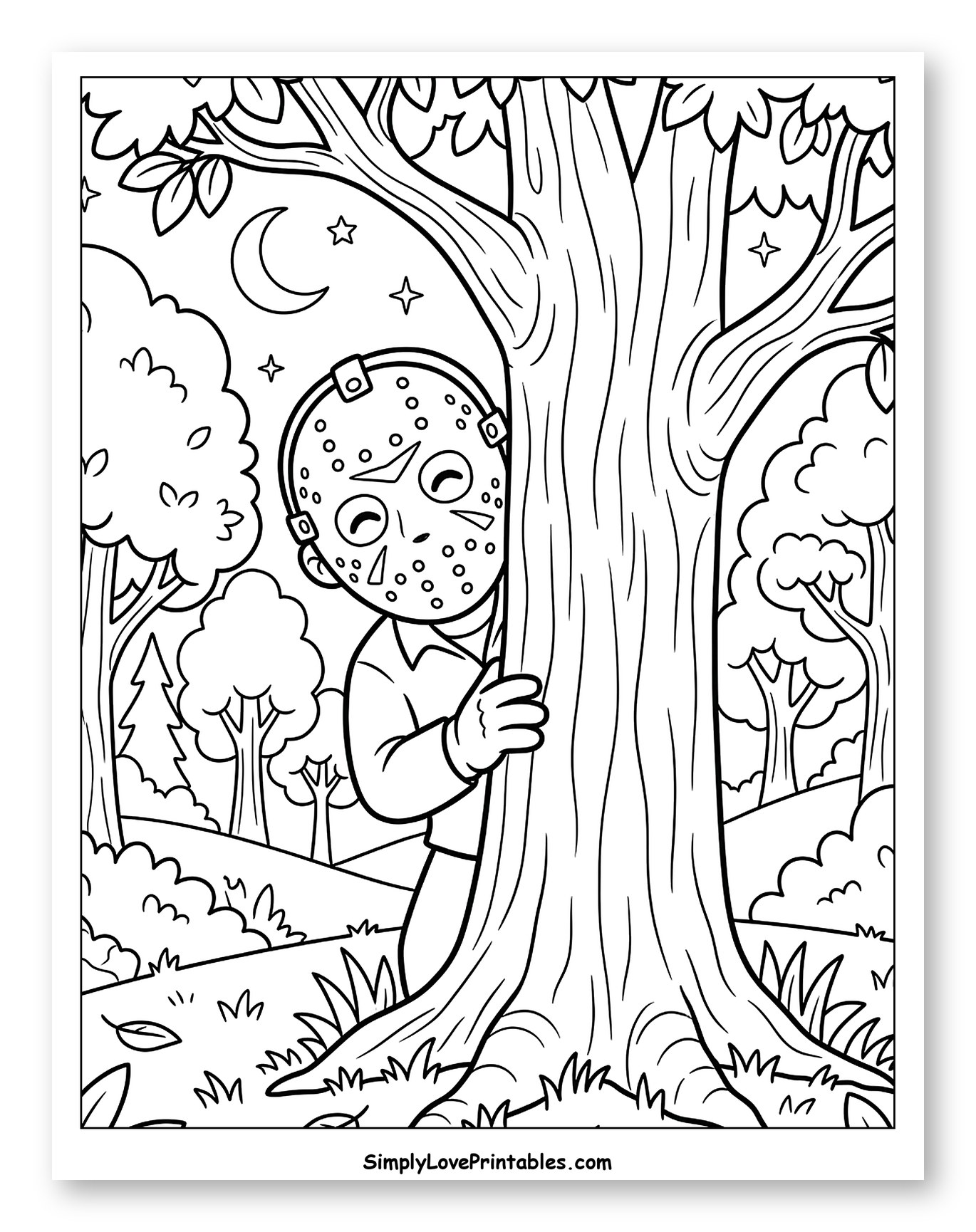 Masked Figure Hiding Behind Tree at Night Coloring Page for Kids