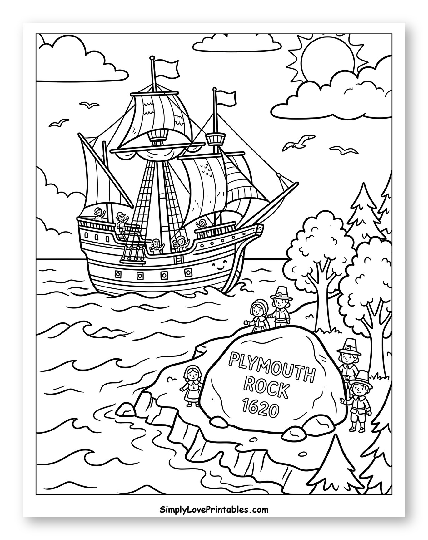 Mayflower Ship and Pilgrims at Plymouth Rock Coloring Page for Kids