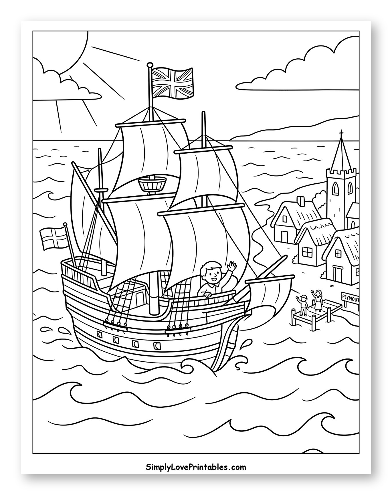 Mayflower Ship Sailing from Plymouth Harbor Coloring Sheet for Kids