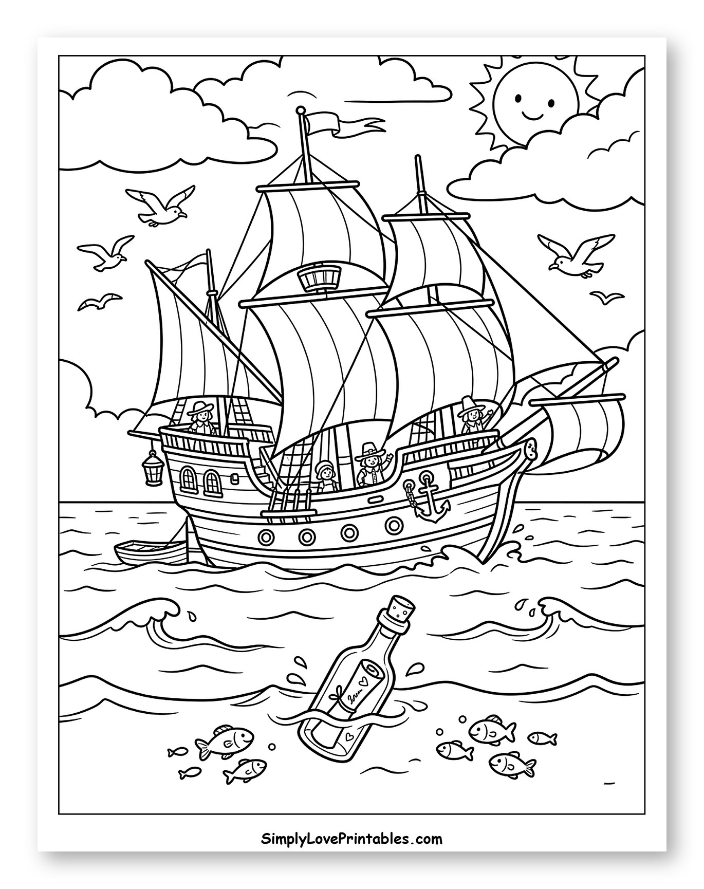 Mayflower Ship Sailing with Message in Bottle Coloring Sheet for Kids
