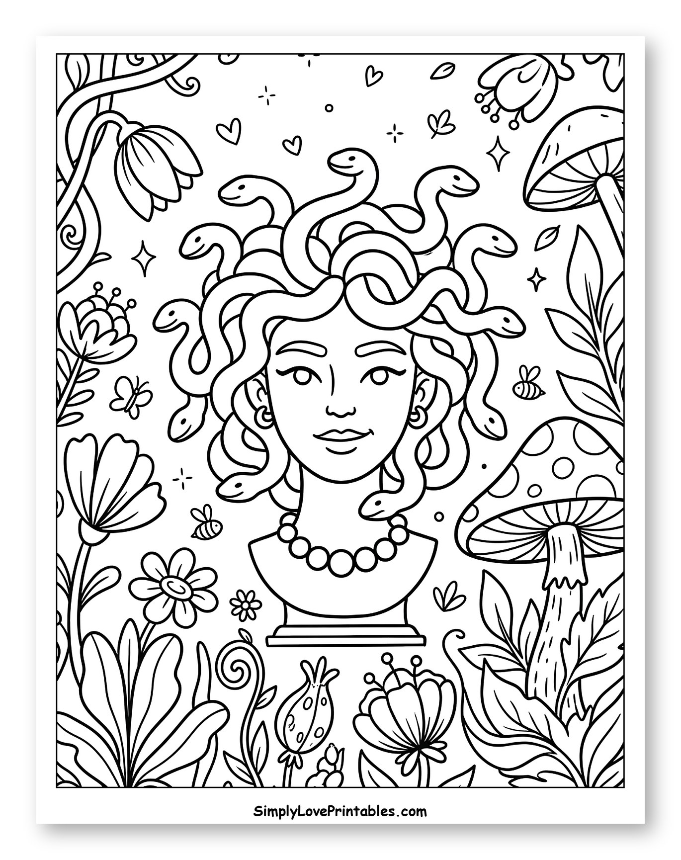Medusa Bust in Enchanted Garden Coloring Sheet for Adults