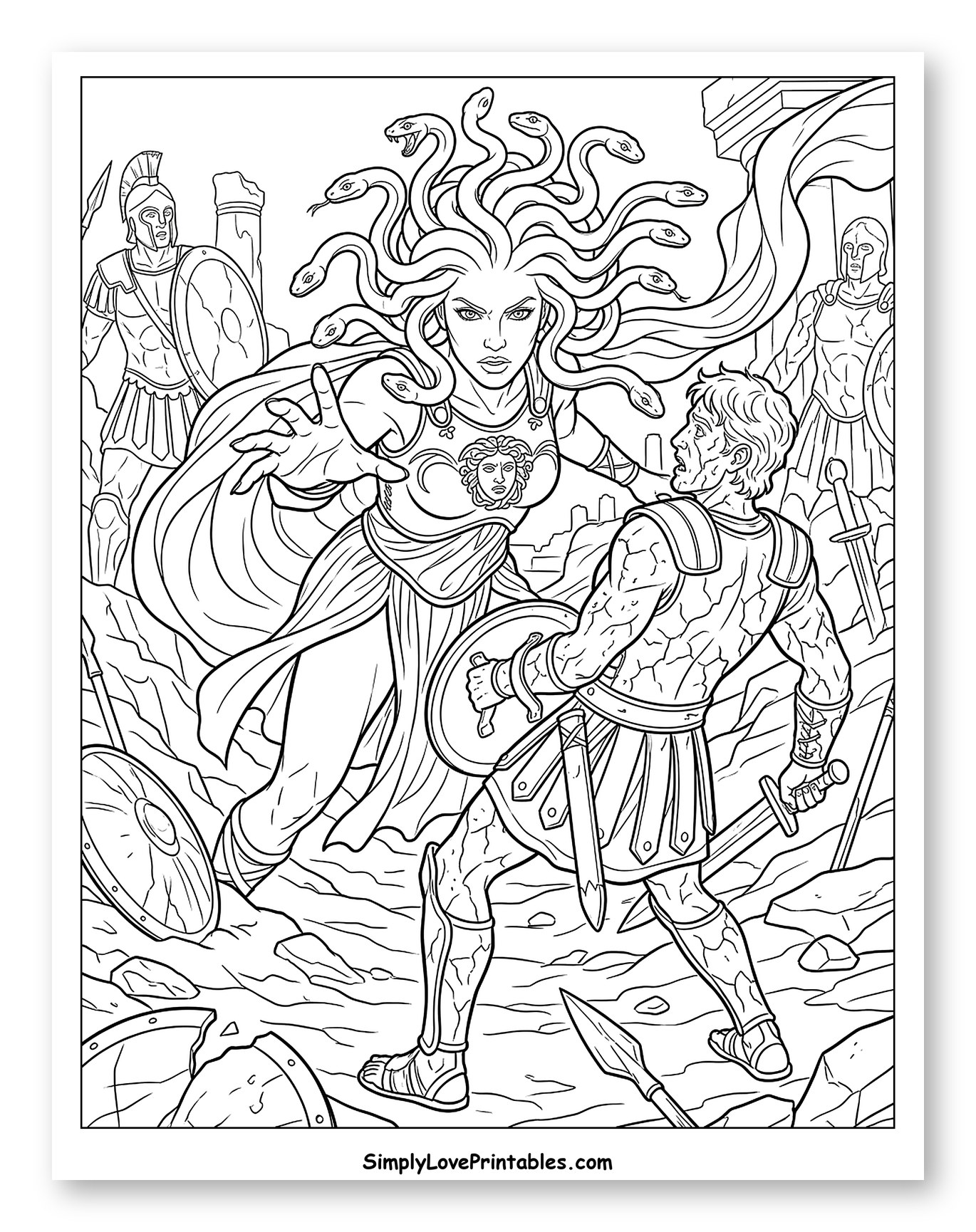 Medusa Confronts Warrior on Battlefield