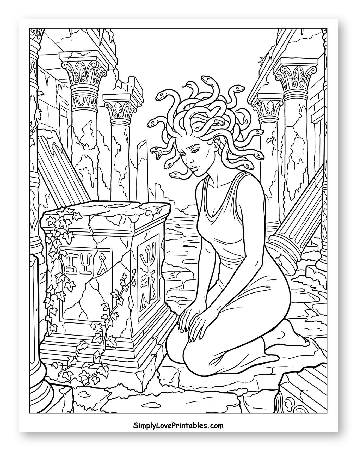 Medusa Kneeling in Ancient Ruins Coloring Sheet