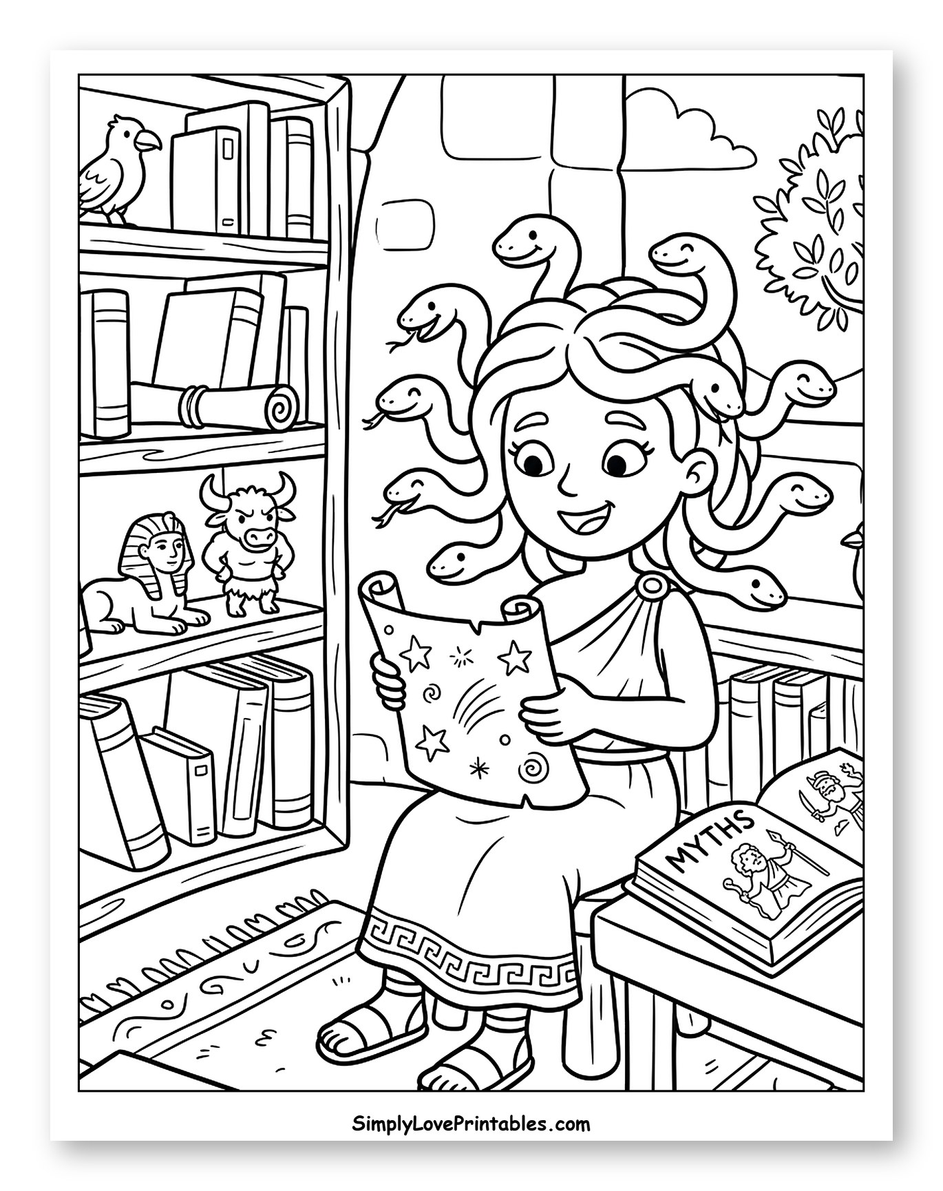 Medusa Reading a Scroll in a Mythological Library