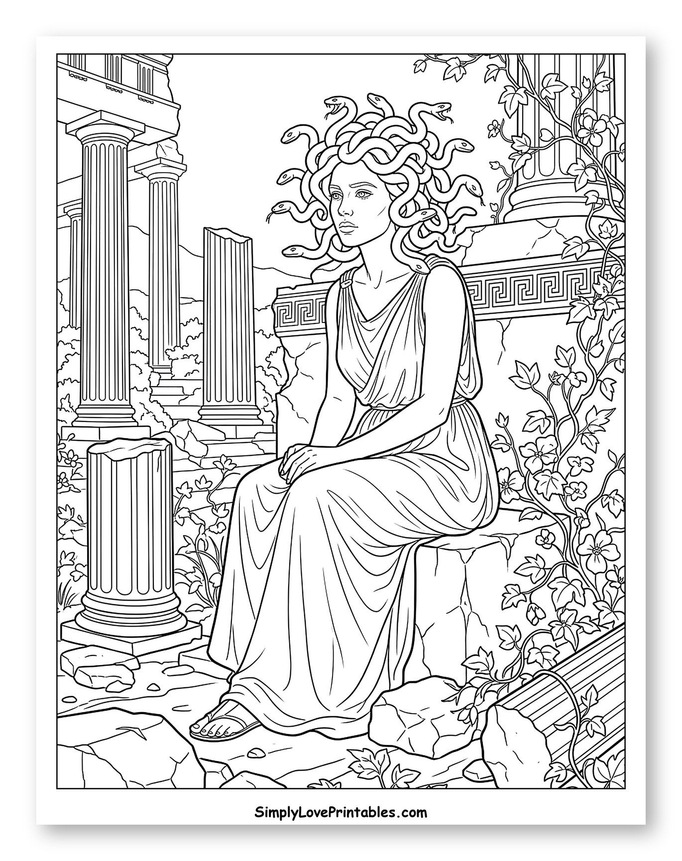 Medusa Resting in Greek Temple Ruins Coloring Page