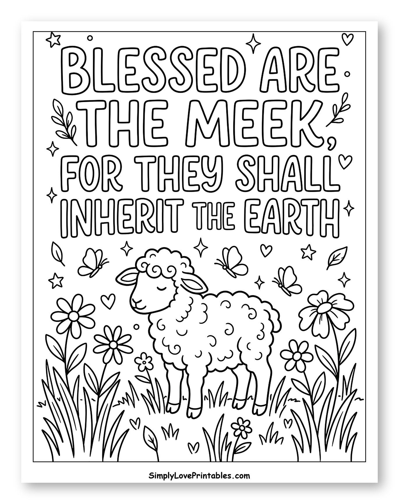 Meek Sheep in a Grassy Field with Scripture to Color for Adults