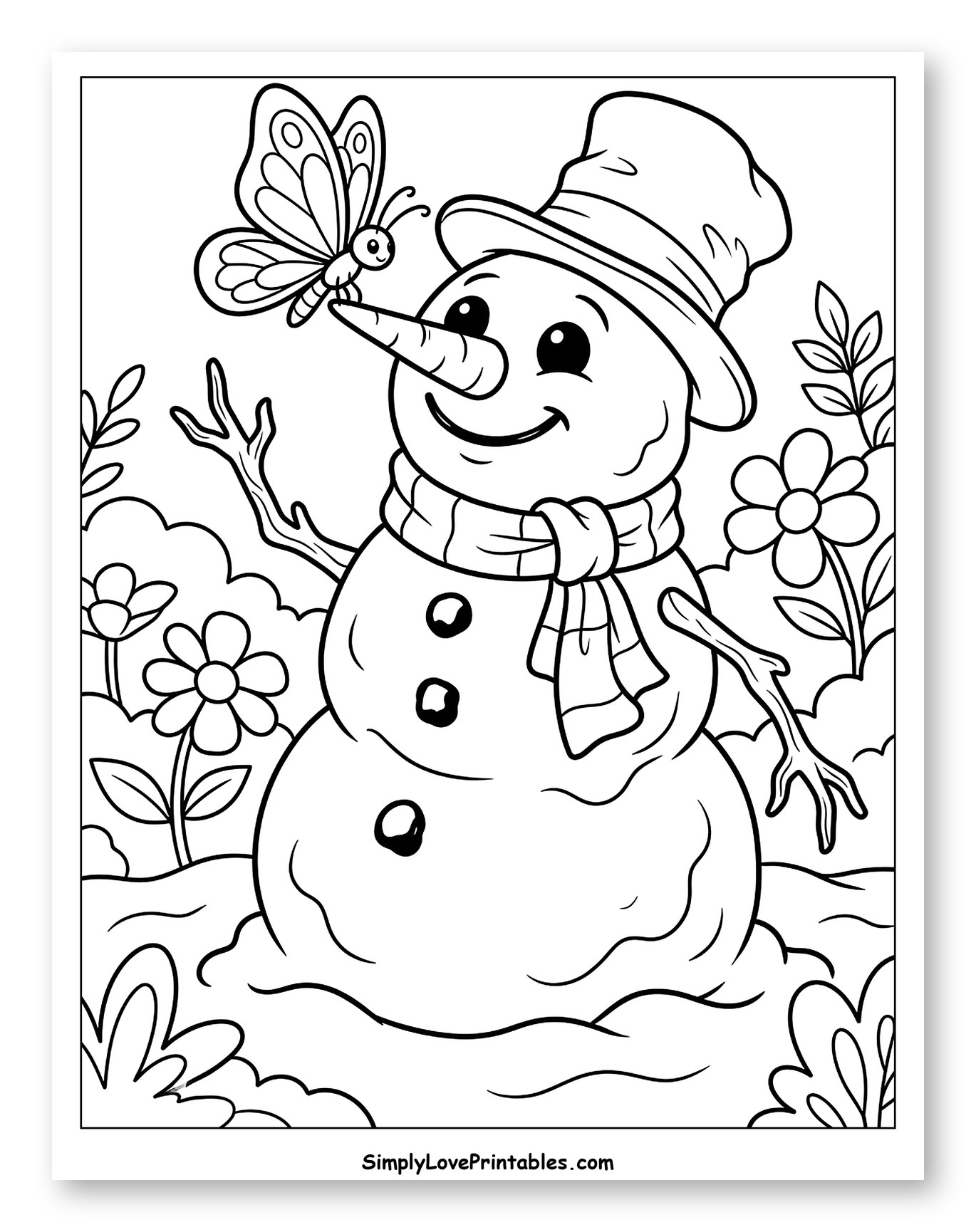 Melting Snowman and Butterfly in a Garden
