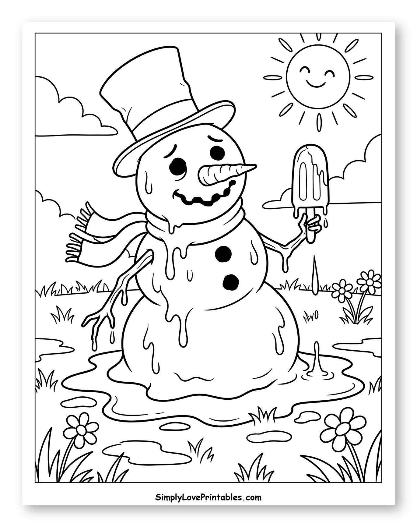 Melting Snowman Holding a Popsicle in the Sun Coloring Page for Kids