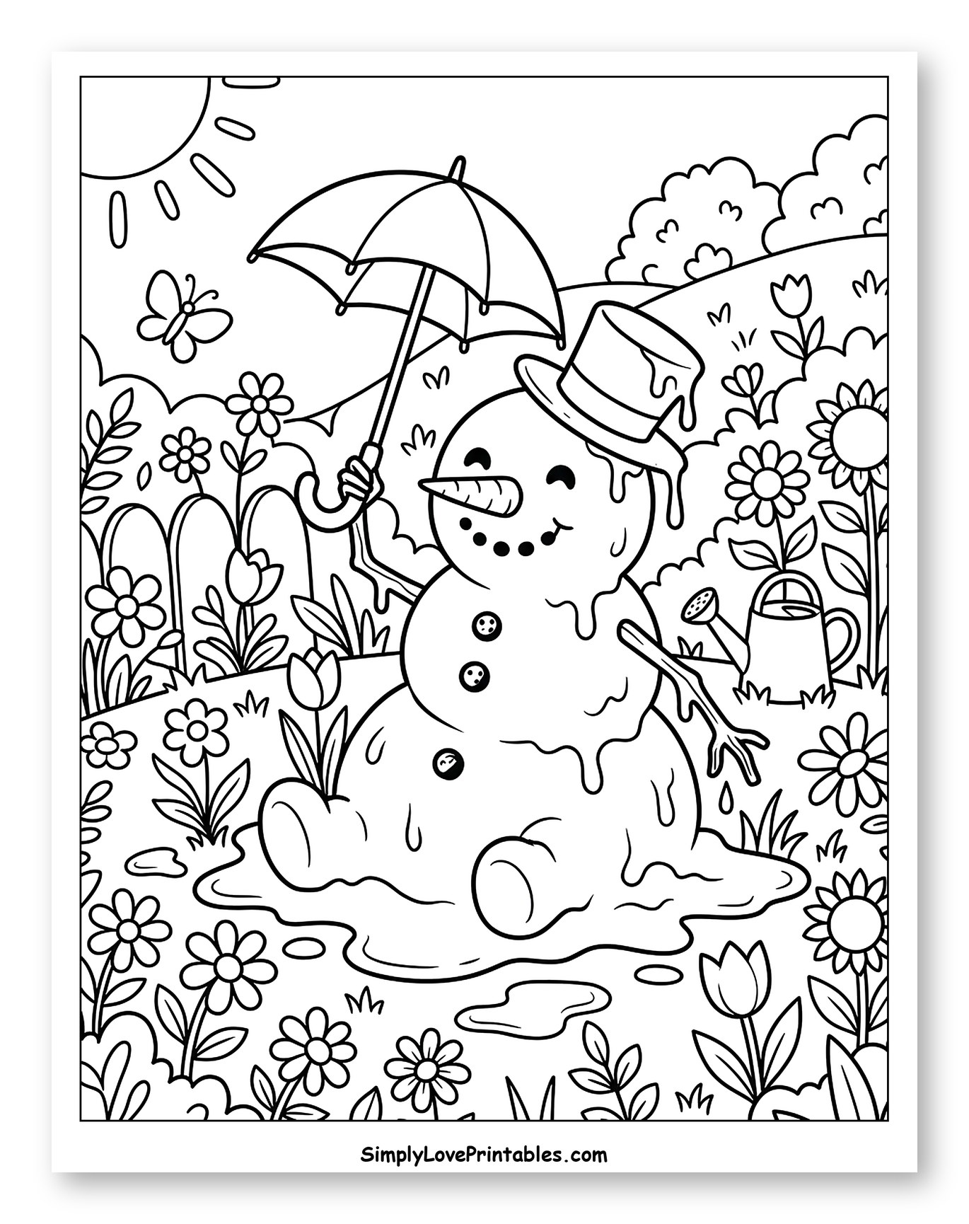 Melting Snowman in a Sunny Flower Garden