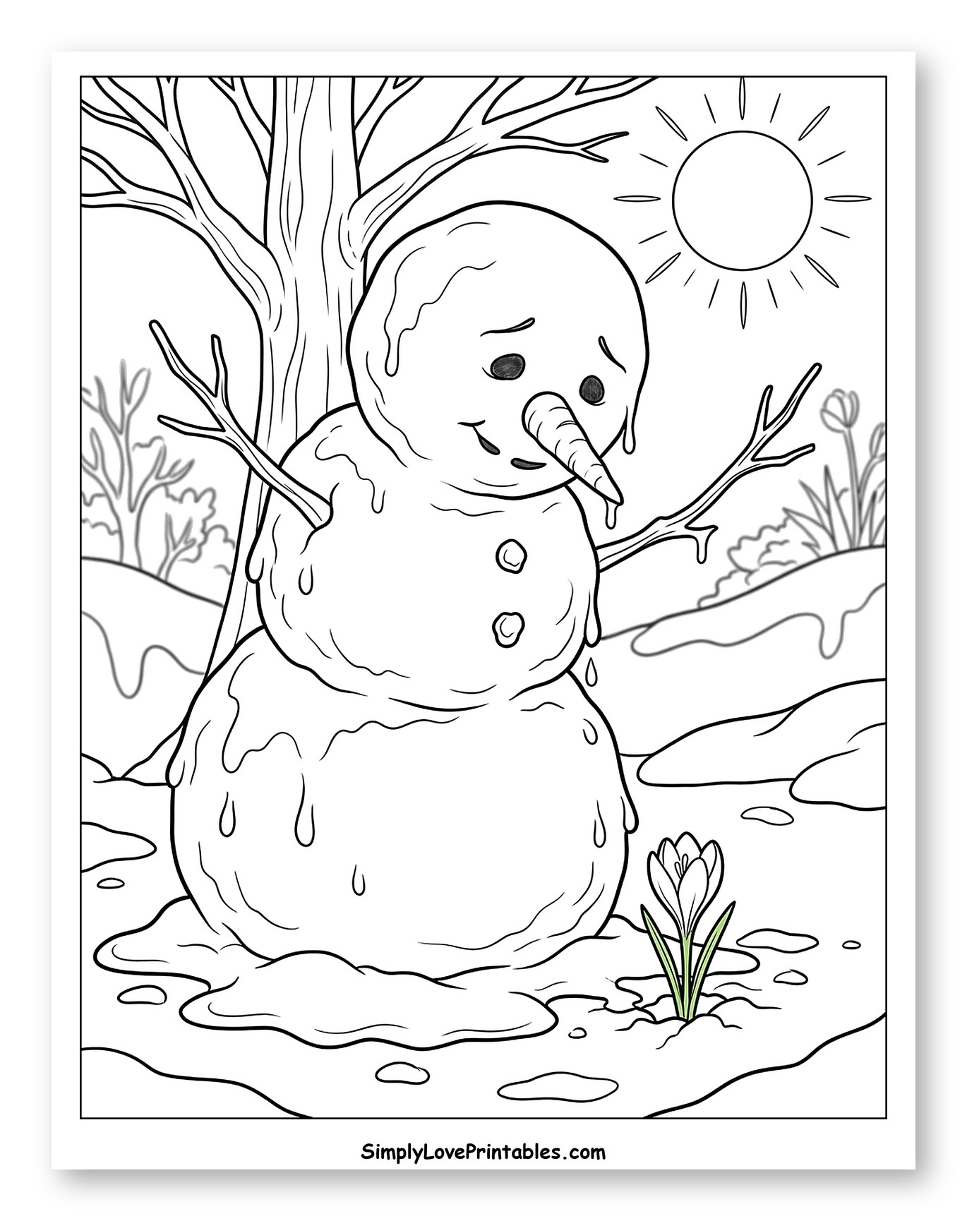 Melting Snowman Next to a Blooming Crocus Coloring Page