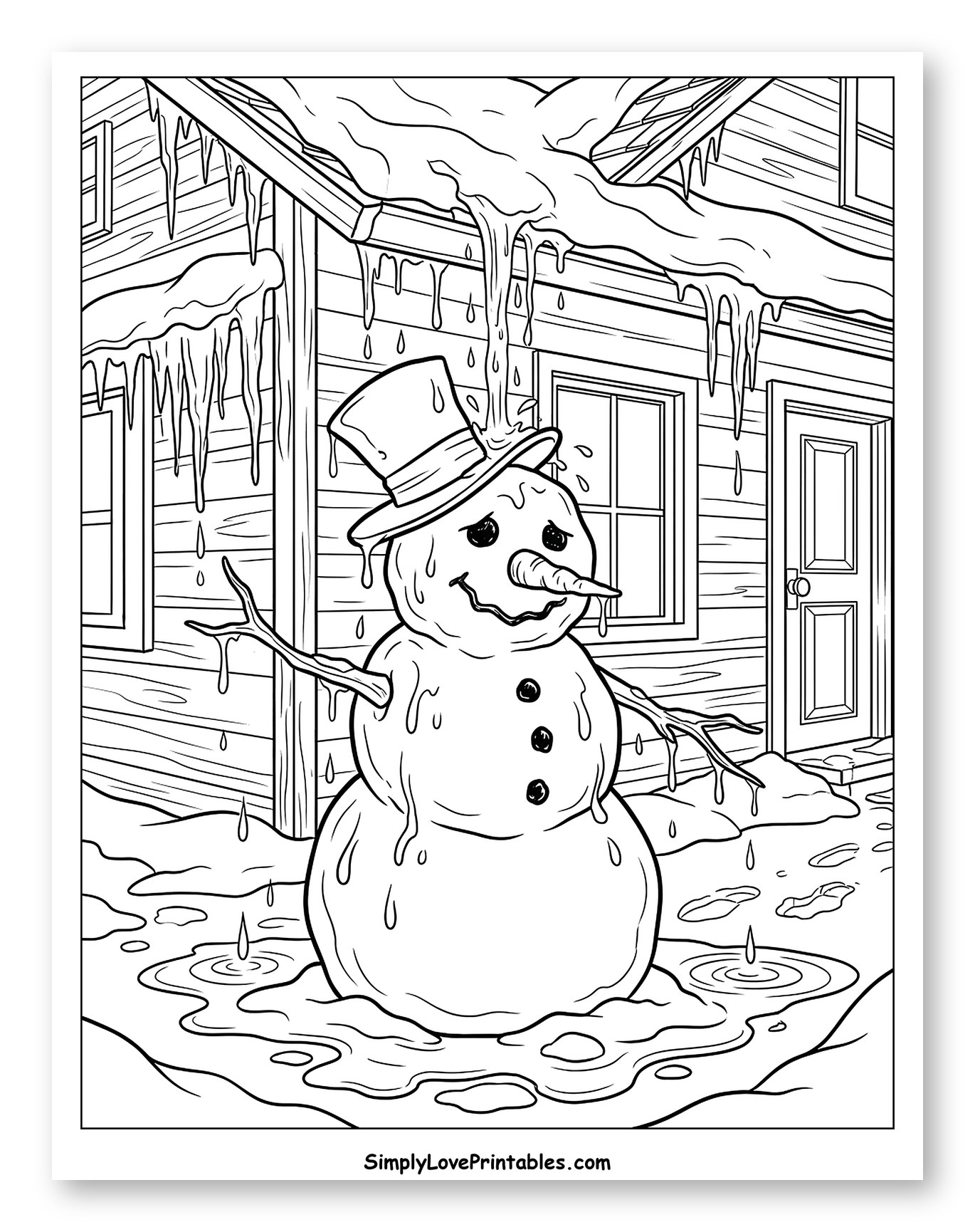 Melting Snowman Standing by a Cozy Cabin