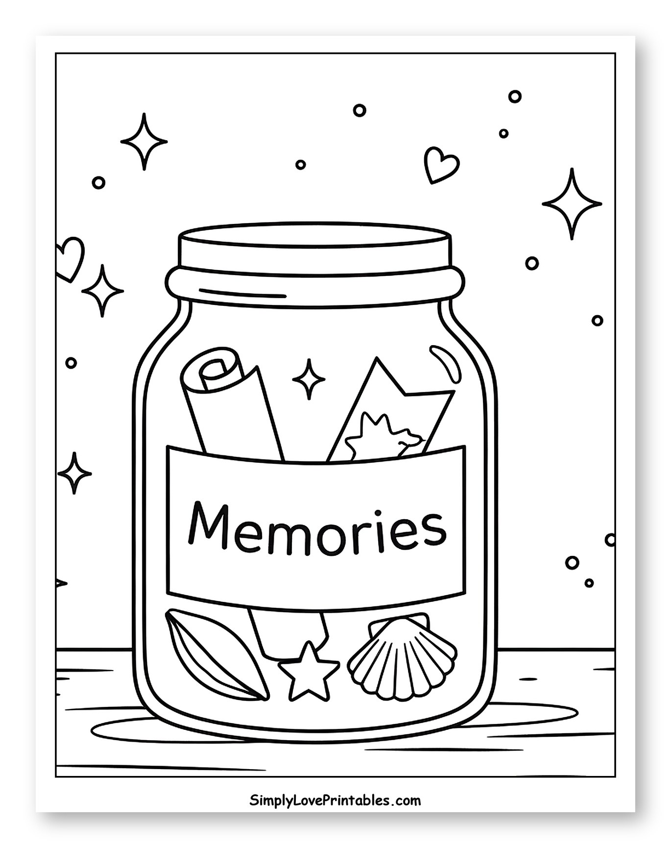 Memories Jar with Shiny Stars and Hearts Coloring Sheet for Adults