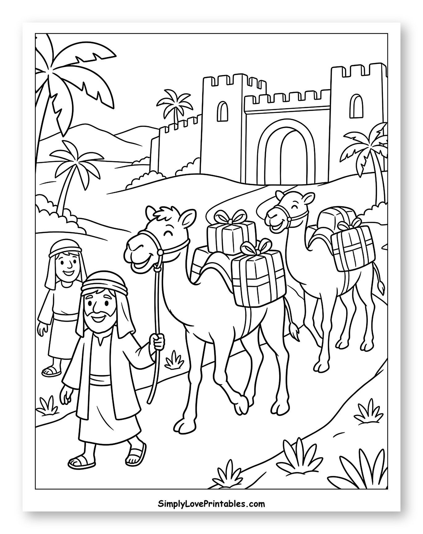 Men and Camels Approaching a Walled City to Color for Kids