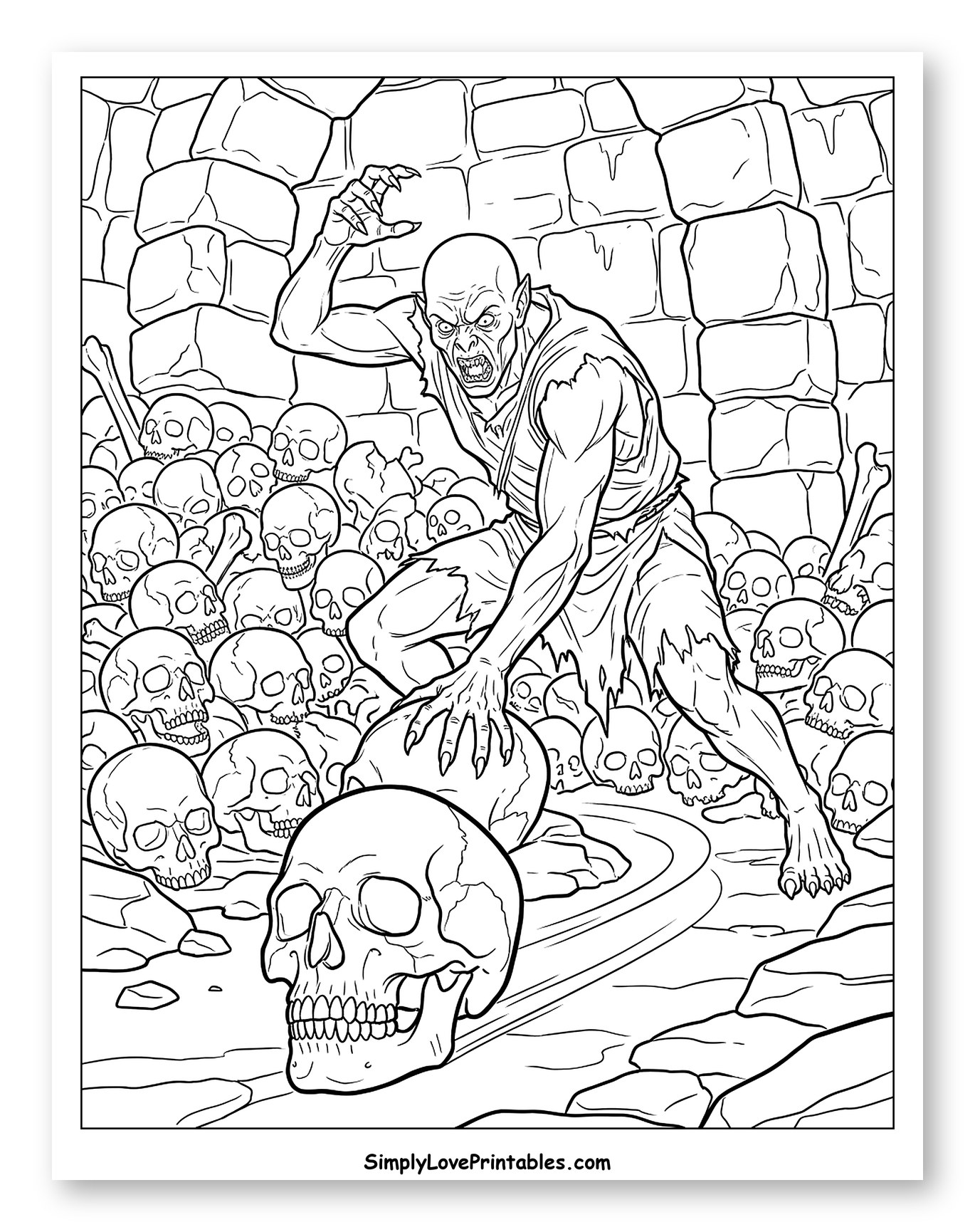 Menacing Ghoul Among Piles of Skulls