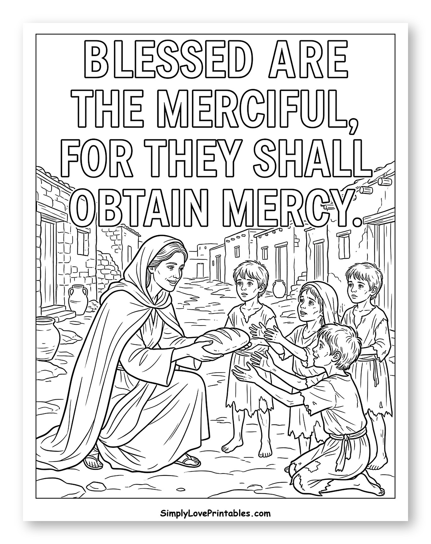 Merciful Woman Sharing Bread with Children