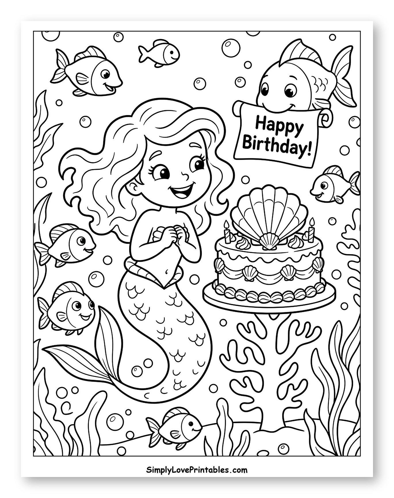 Mermaid and Fish Celebrate Underwater Birthday Coloring Sheet for Kids