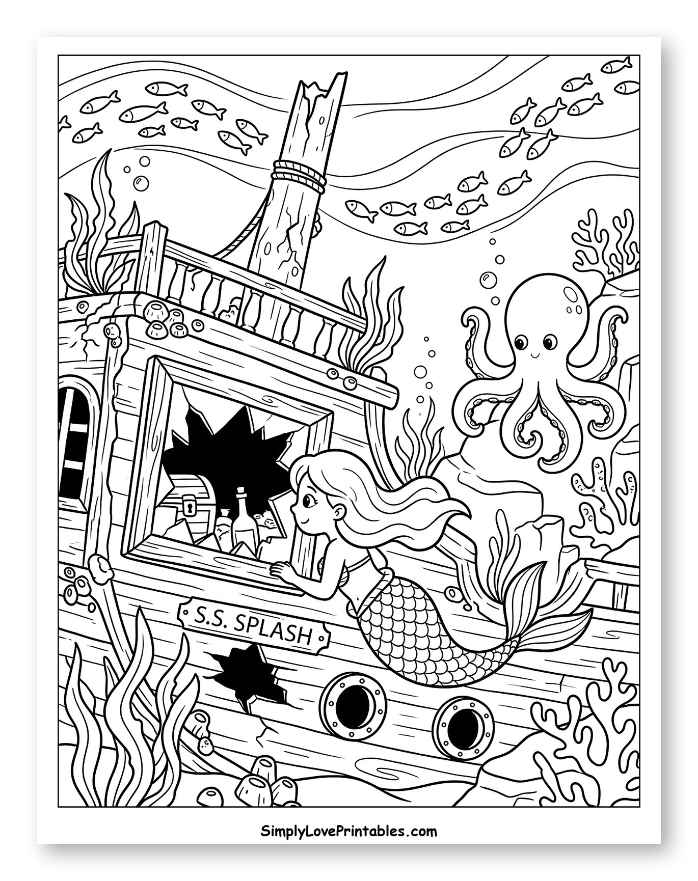 Mermaid and Octopus Explore Shipwreck Coloring Page for Kids