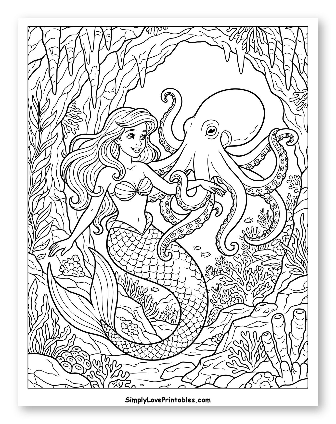 Mermaid and Octopus in an Underwater Cave Coloring Sheet