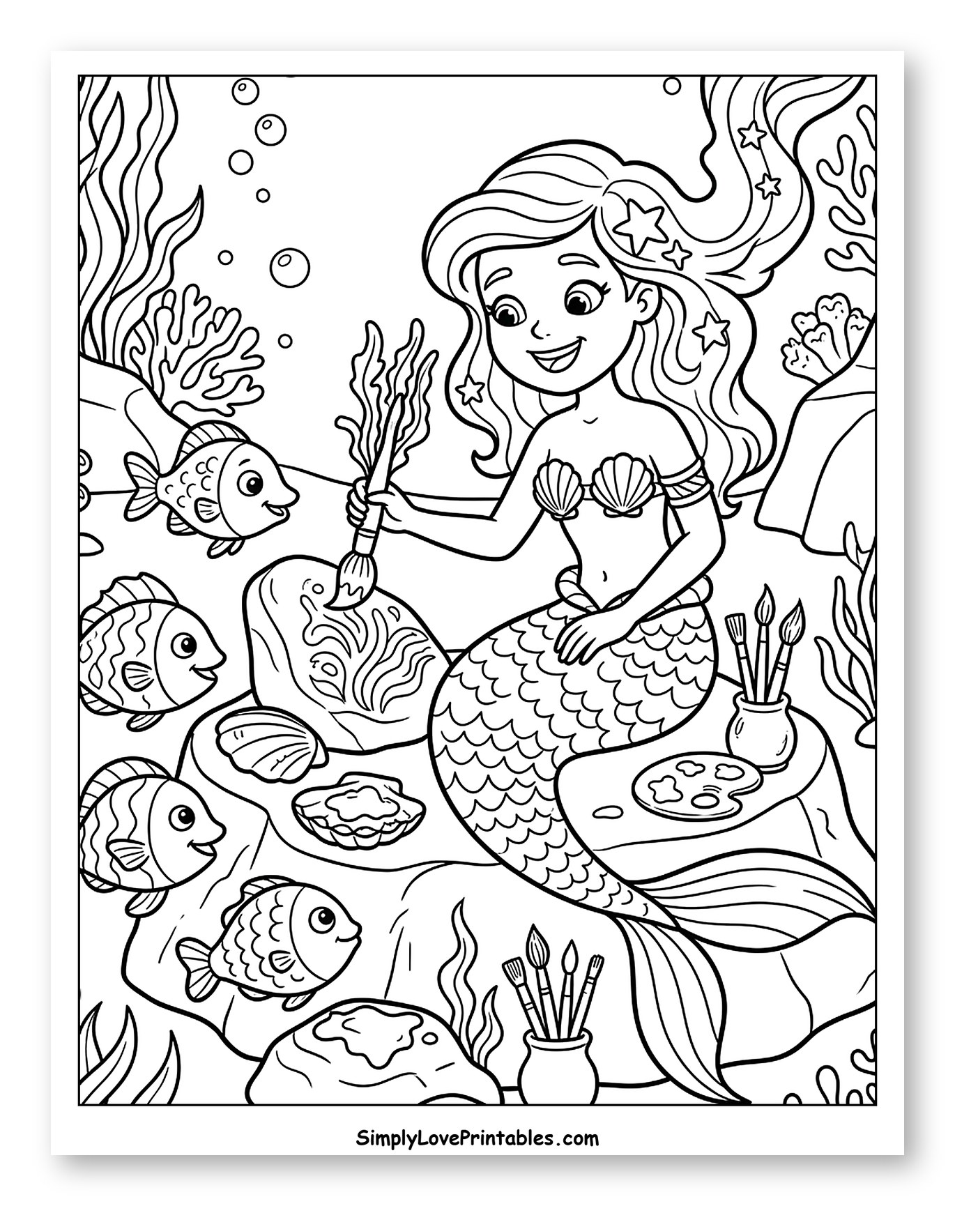 Mermaid Artist Painting Underwater with Fish Coloring Page for Kids