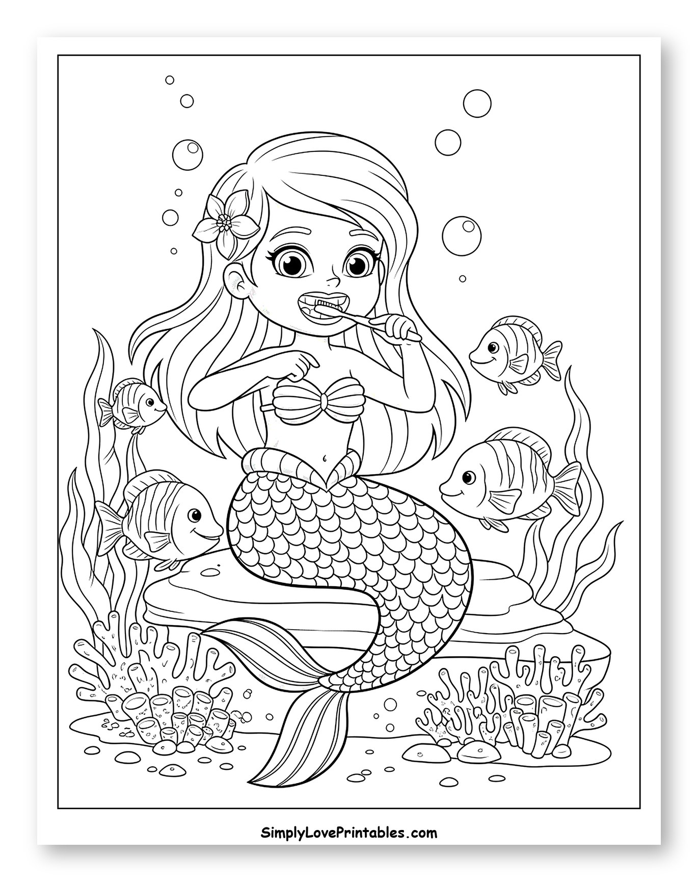 Mermaid Brushing Teeth Underwater with Fish