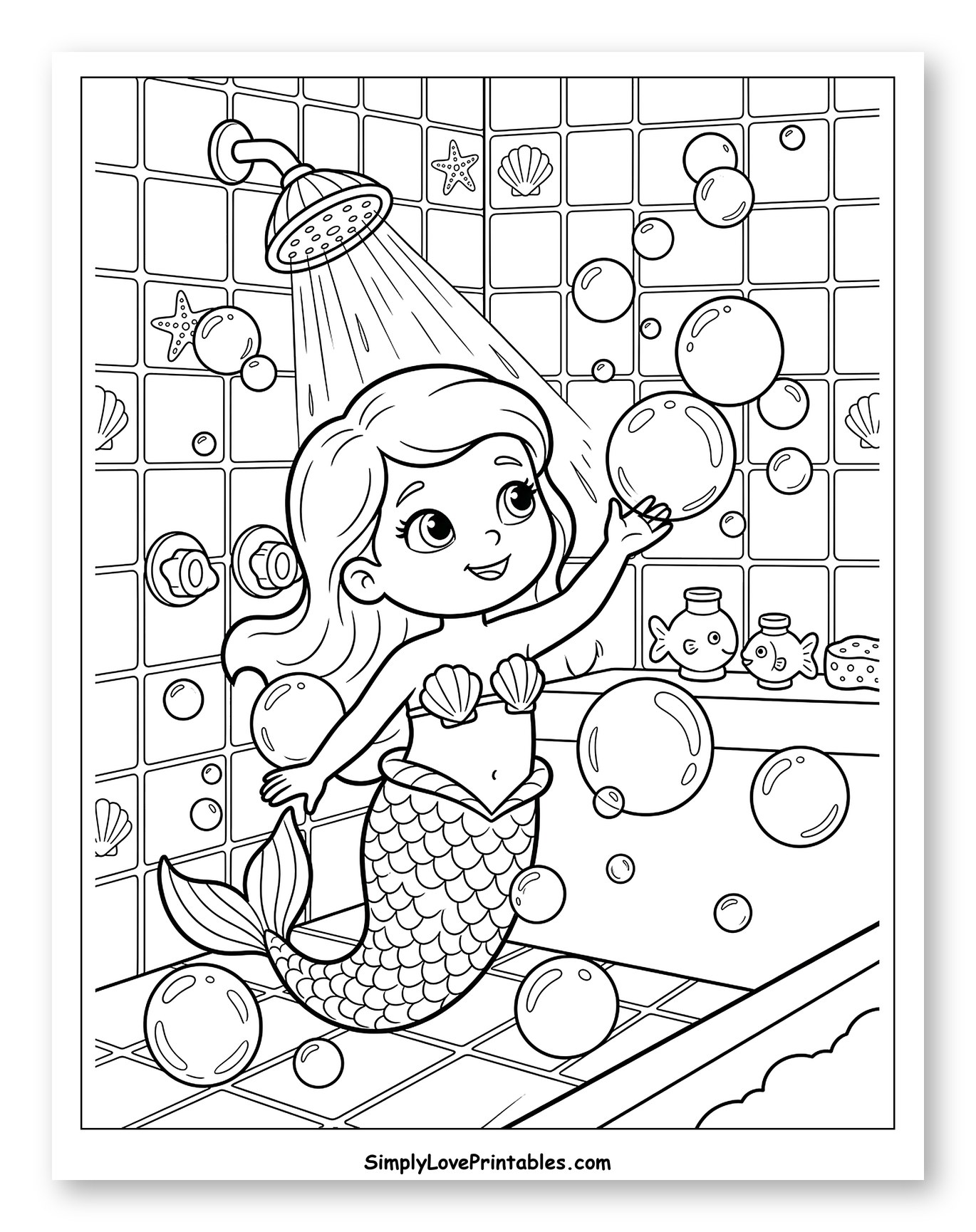 Mermaid Enjoying a Bubble Bath Shower Coloring Page for Kids