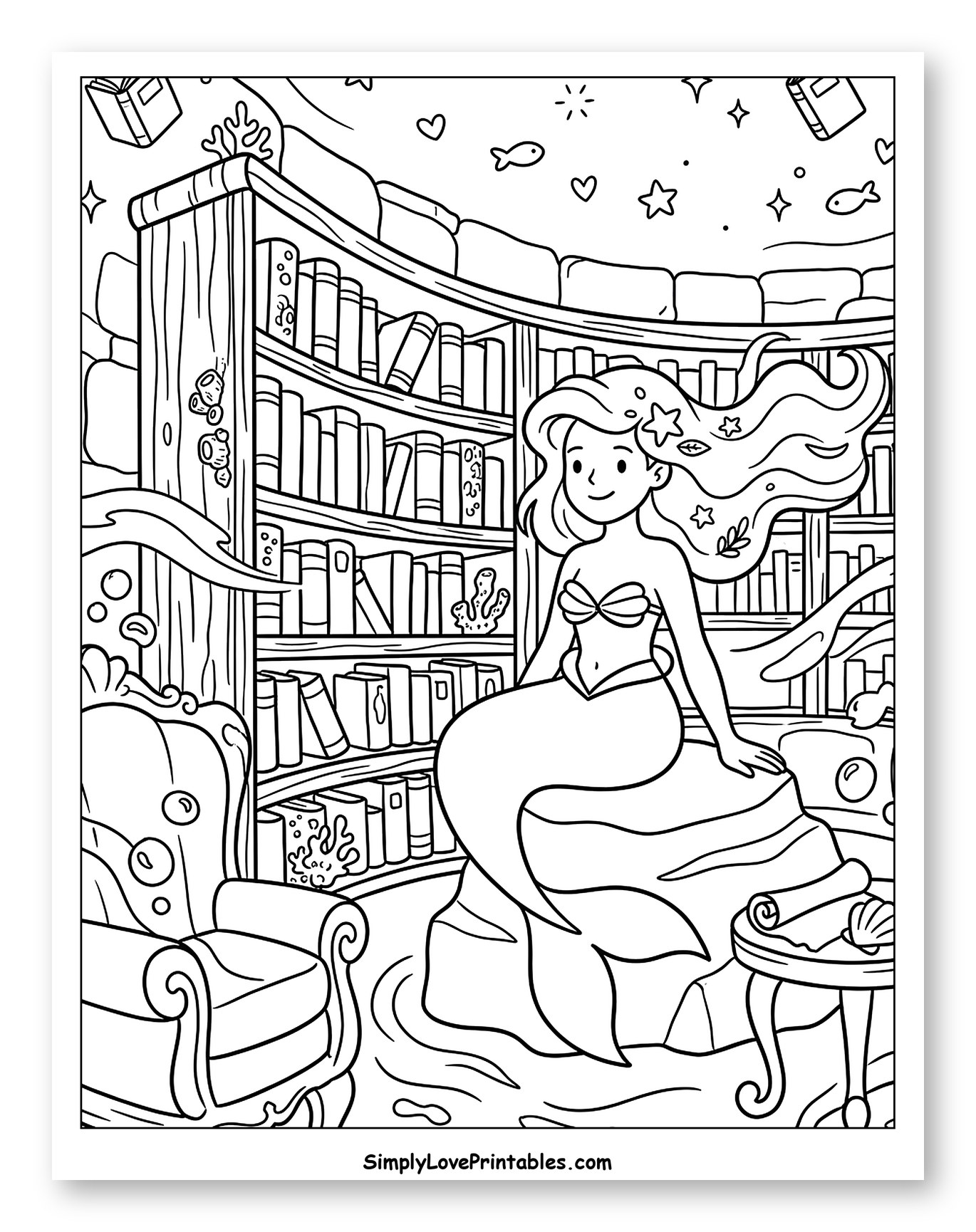 Mermaid in a Cozy Underwater Library Coloring Sheet for Adults