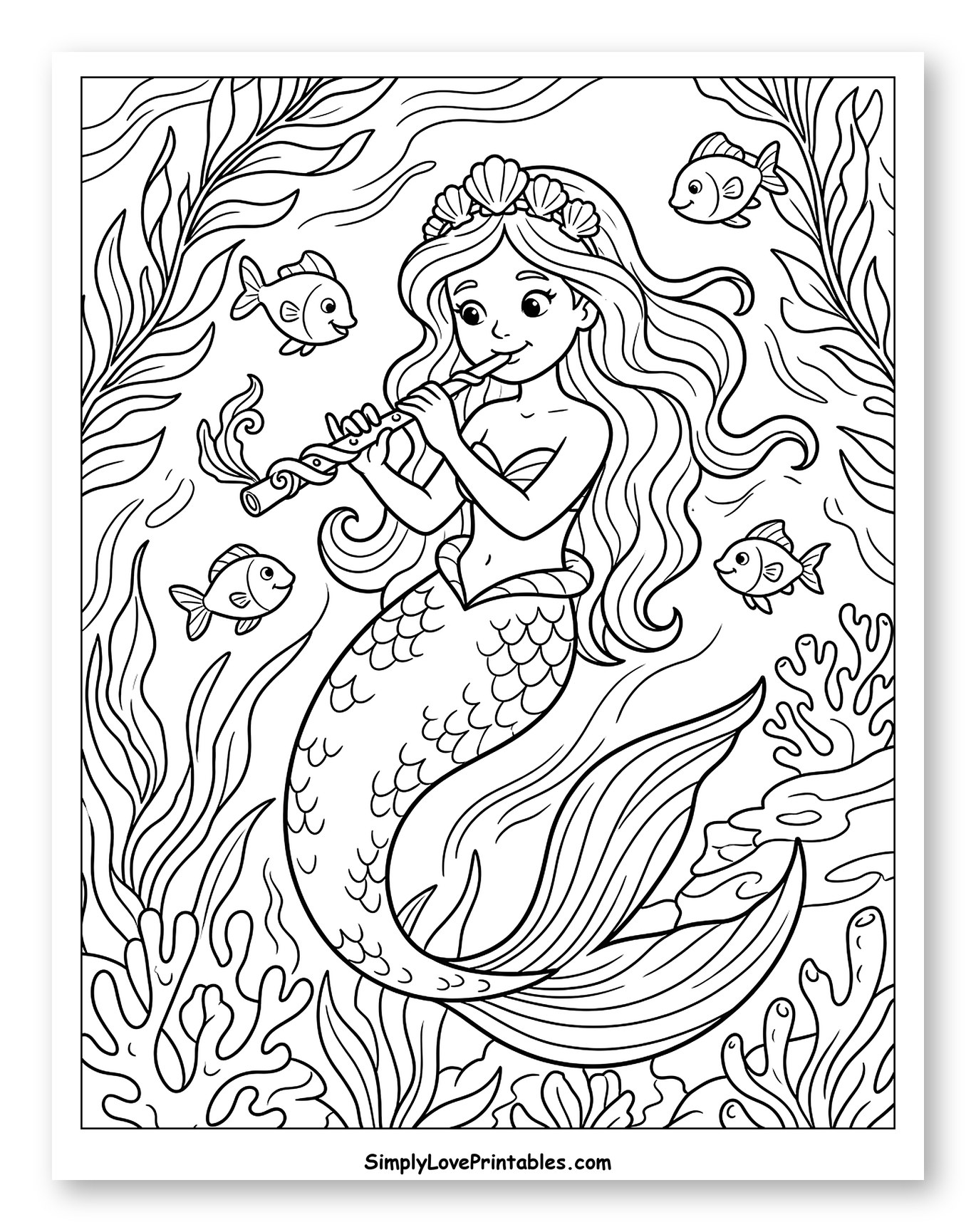 Mermaid Playing Flute with Fish and Seaweed to Color for Kids