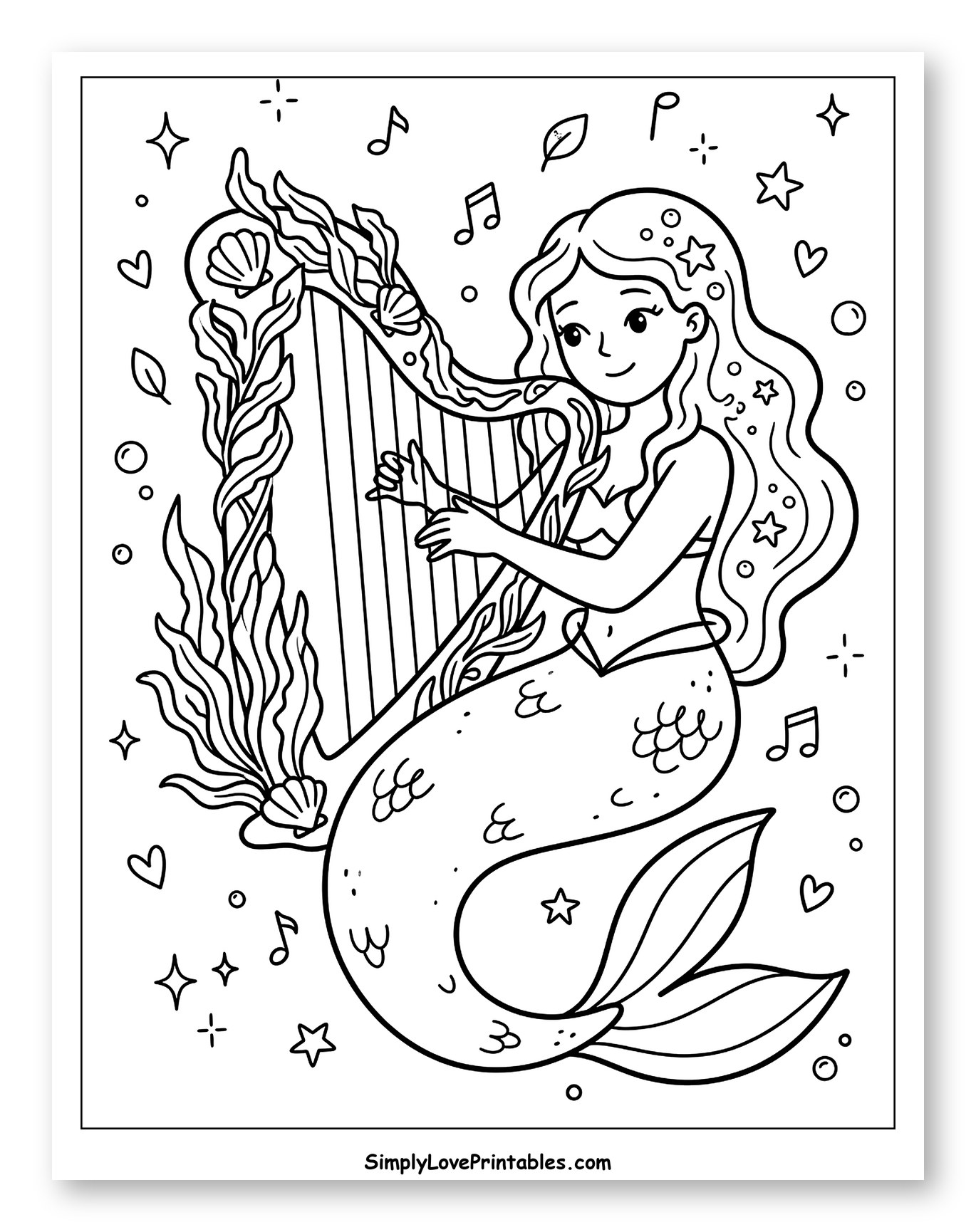Mermaid Playing Harp with Seaweed and Bubbles