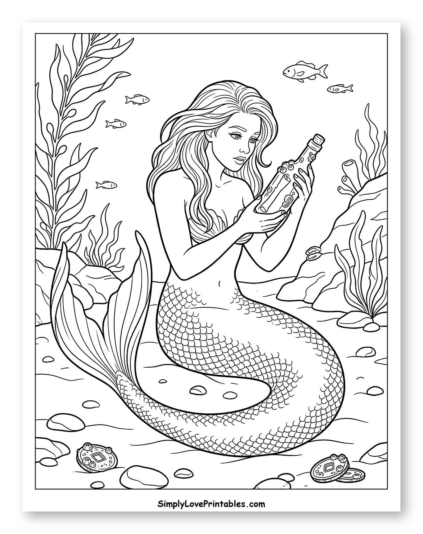 Mermaid Reading a Message in a Bottle