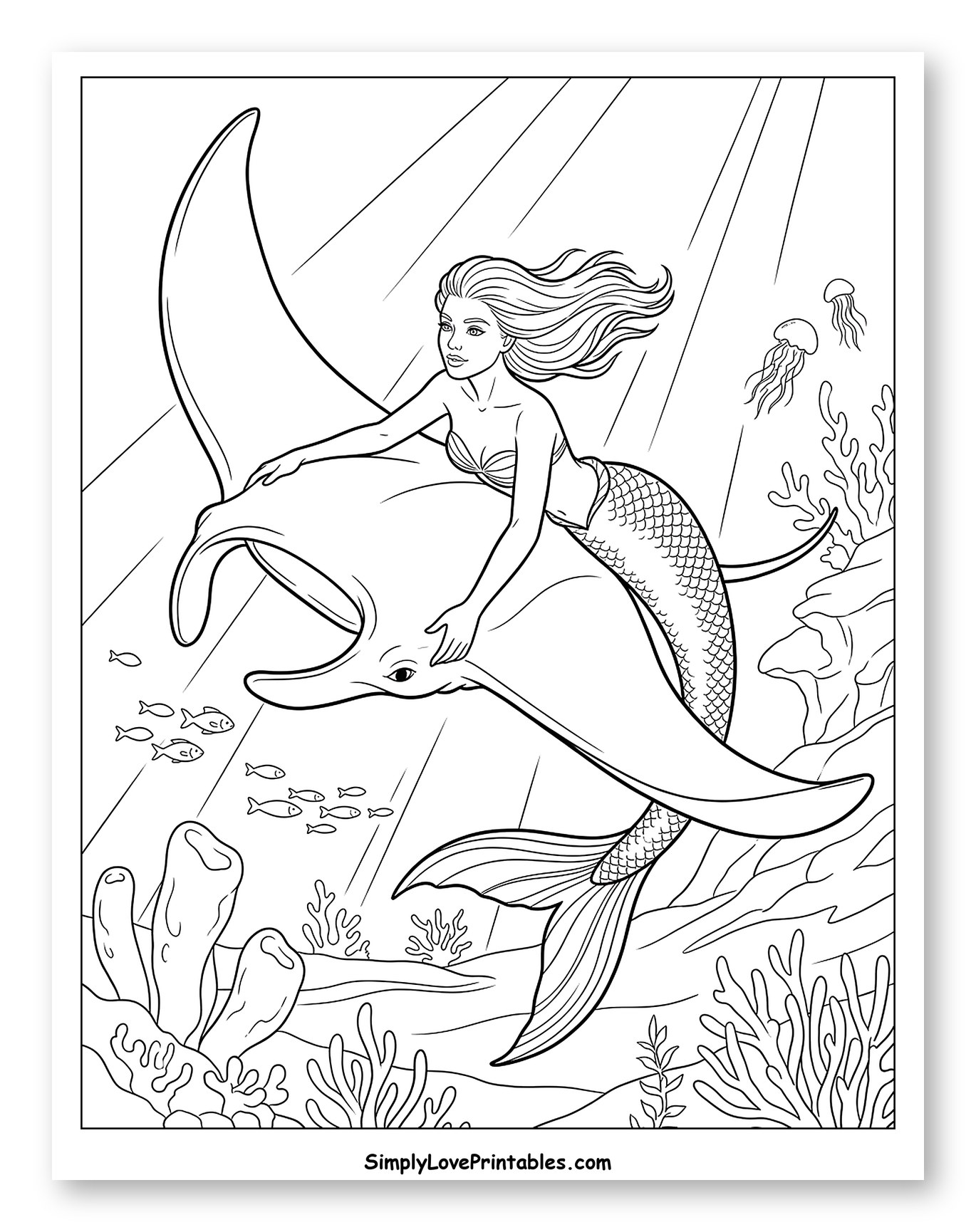 Mermaid Riding a Manta Ray Underwater Coloring Sheet