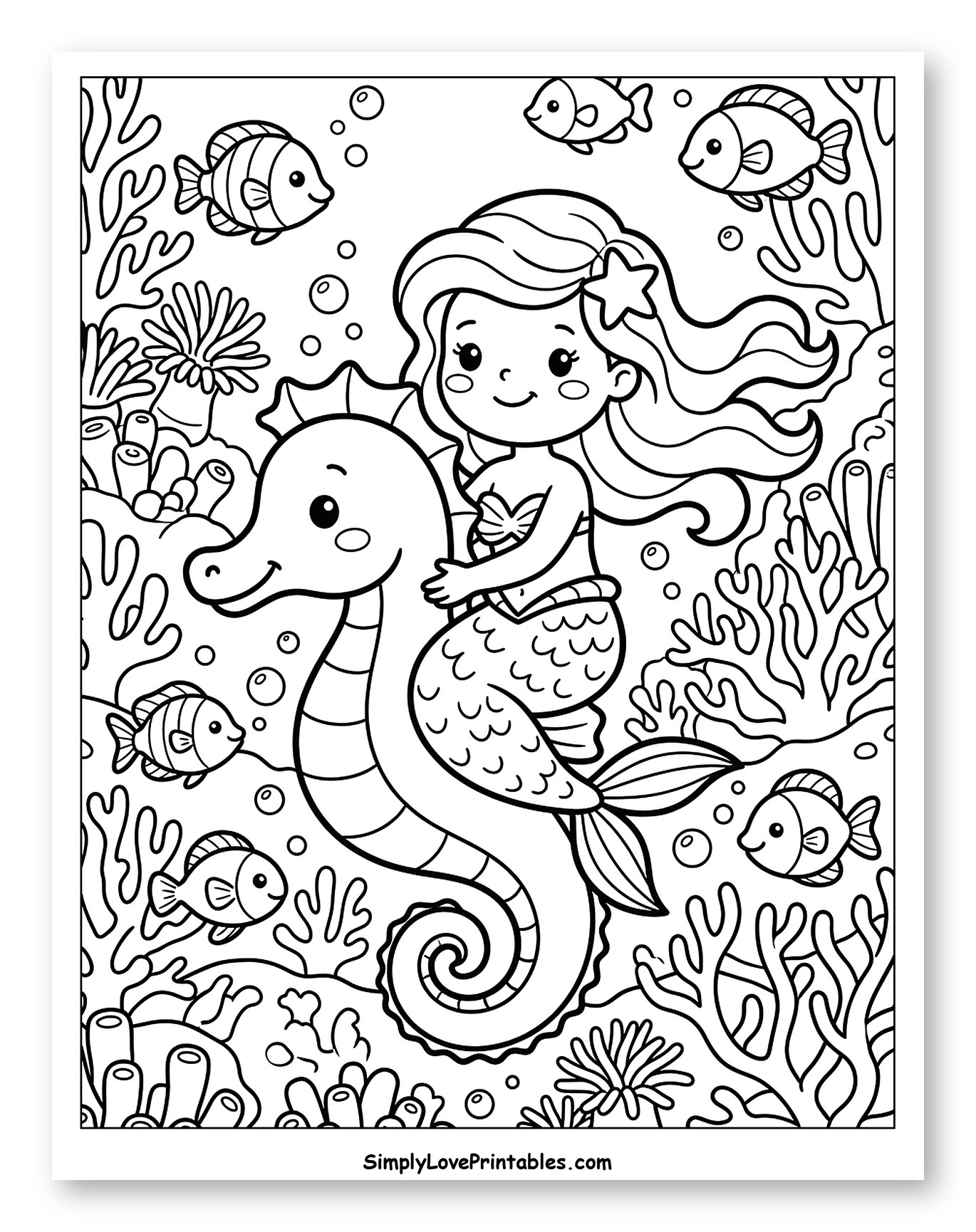Mermaid Riding Seahorse Underwater with Fish
