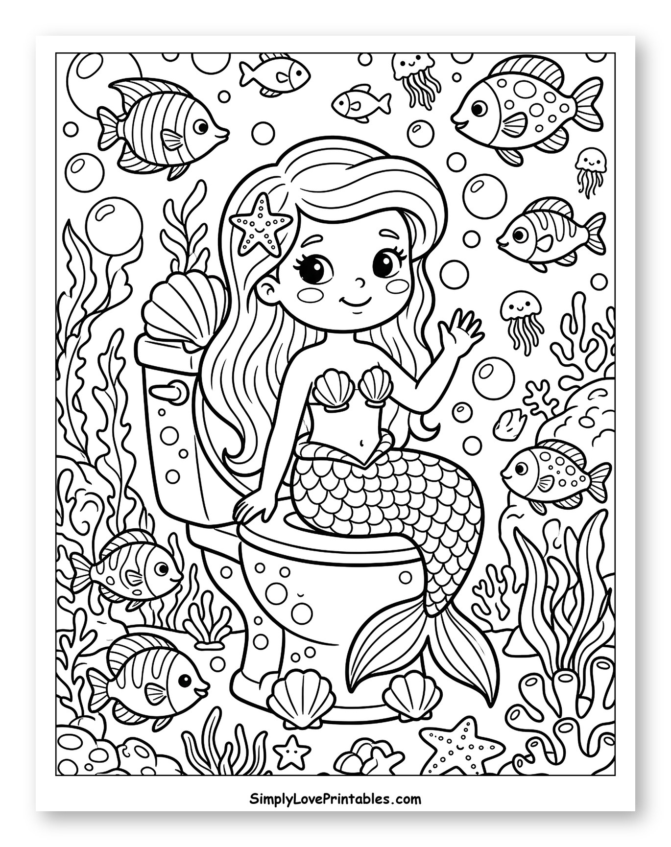 Mermaid Sitting on an Underwater Toilet Coloring Sheet for Kids