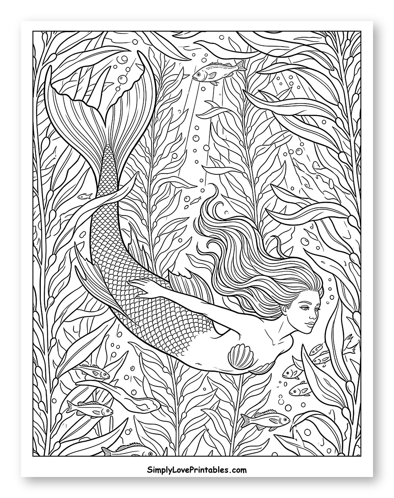 Mermaid Swimming in a Kelp Forest with Fish Coloring Page