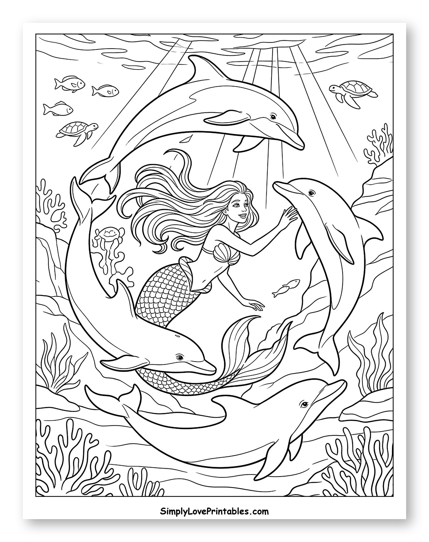 Mermaid Swimming with Dolphins and Sea Life