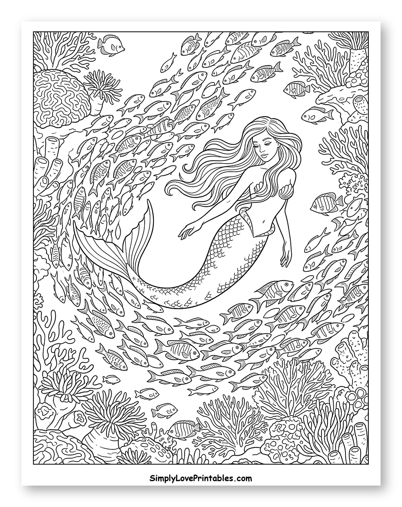 Mermaid Swimming with Fish in a Coral Reef Coloring Sheet