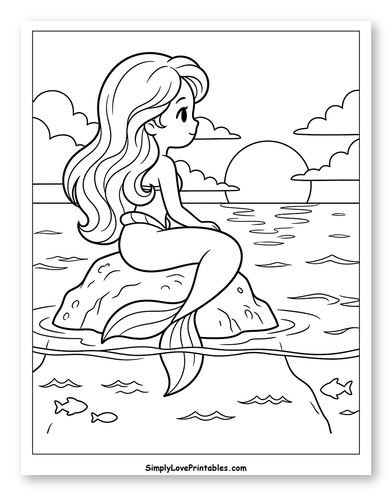Mermaid Watching Sunset Over the Sea to Color for Kids