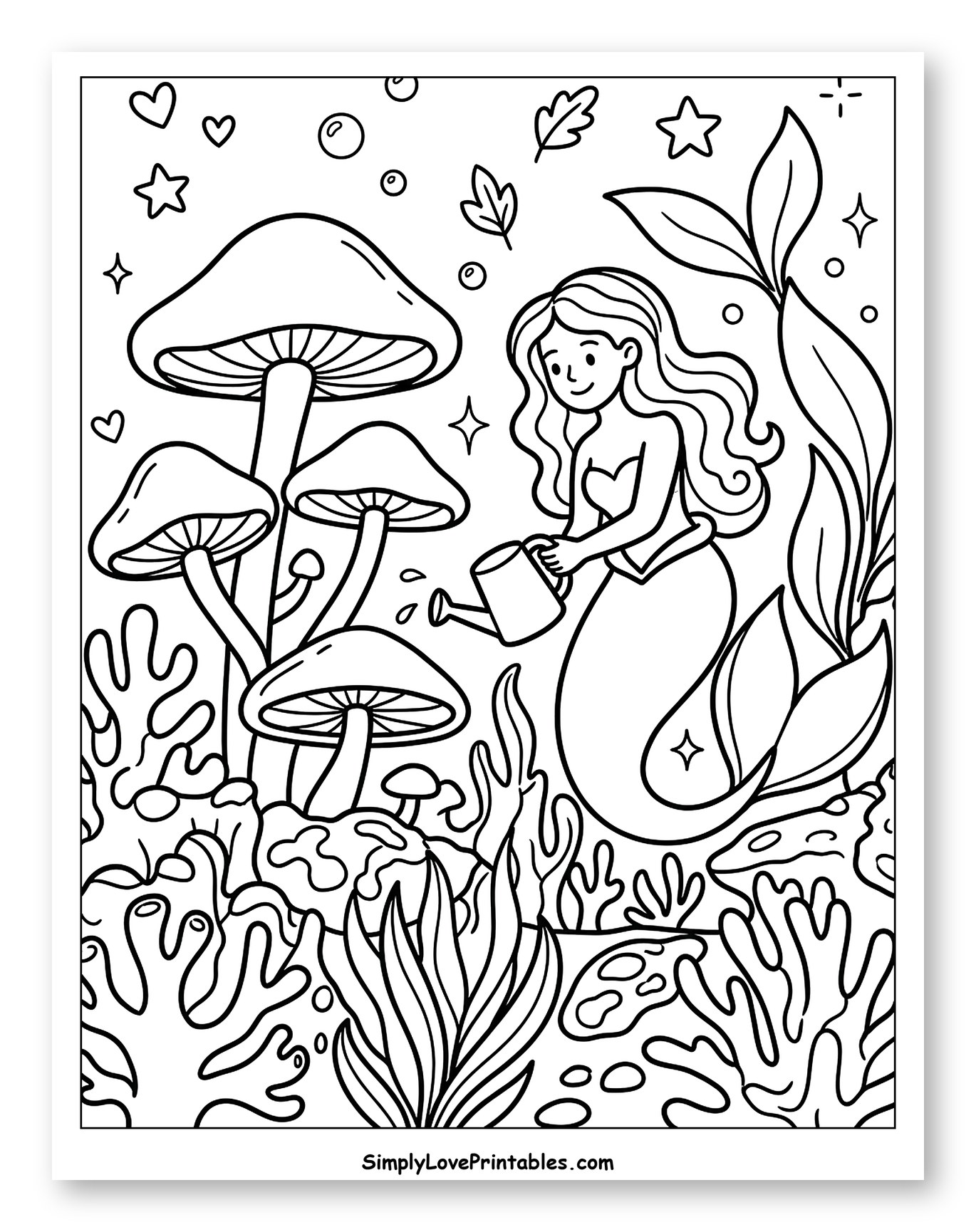 Mermaid Watering a Mushroom Garden Coloring Page for Adults