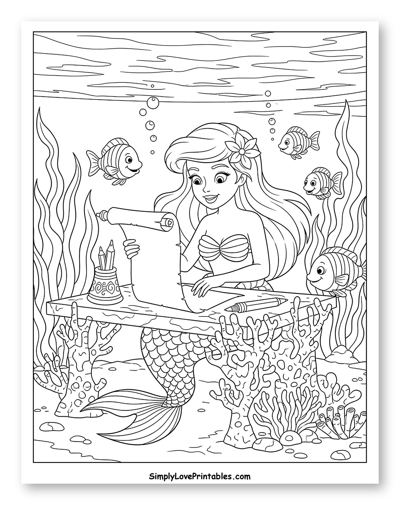 Mermaid Writing at an Underwater Desk