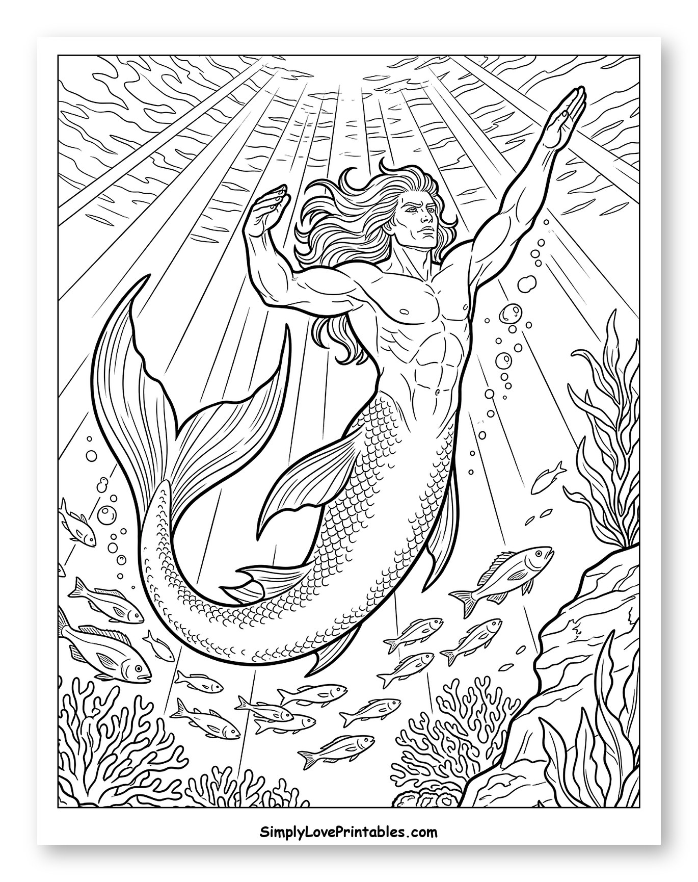Merman Ascending Towards the Sunlight Coloring Sheet