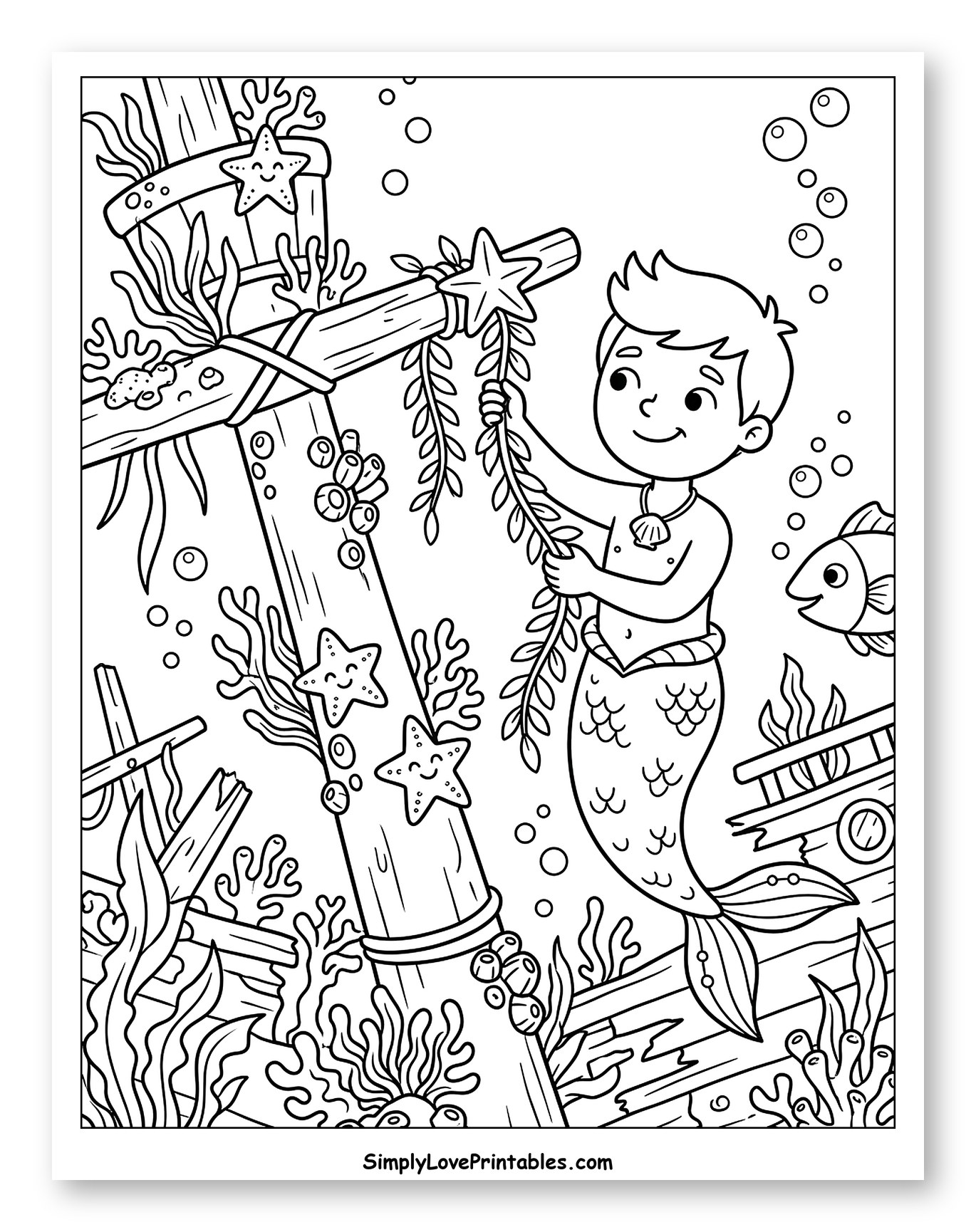 Merman Decorating Shipwreck with Seaweed