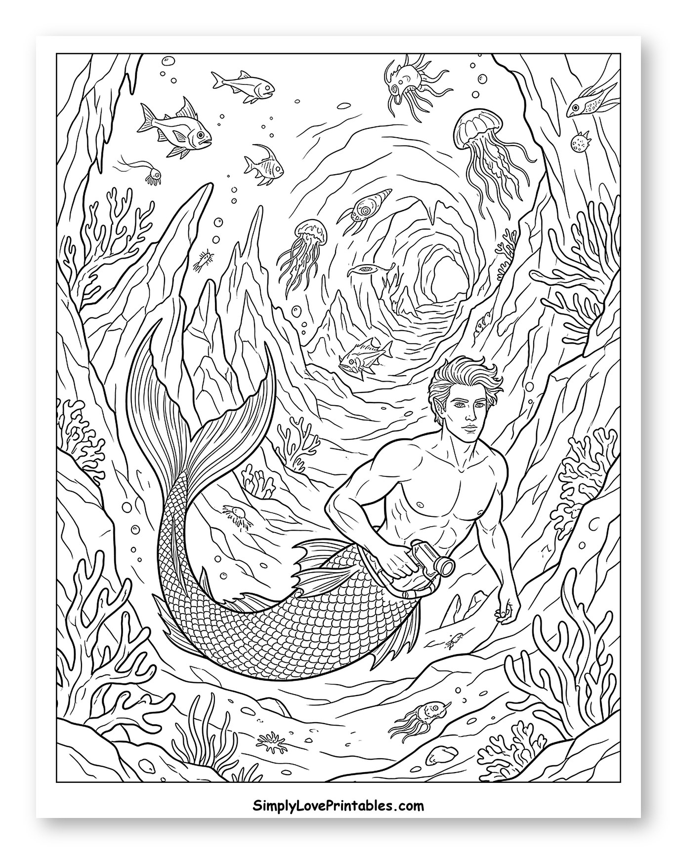 Merman Exploring an Underwater Cave to Color