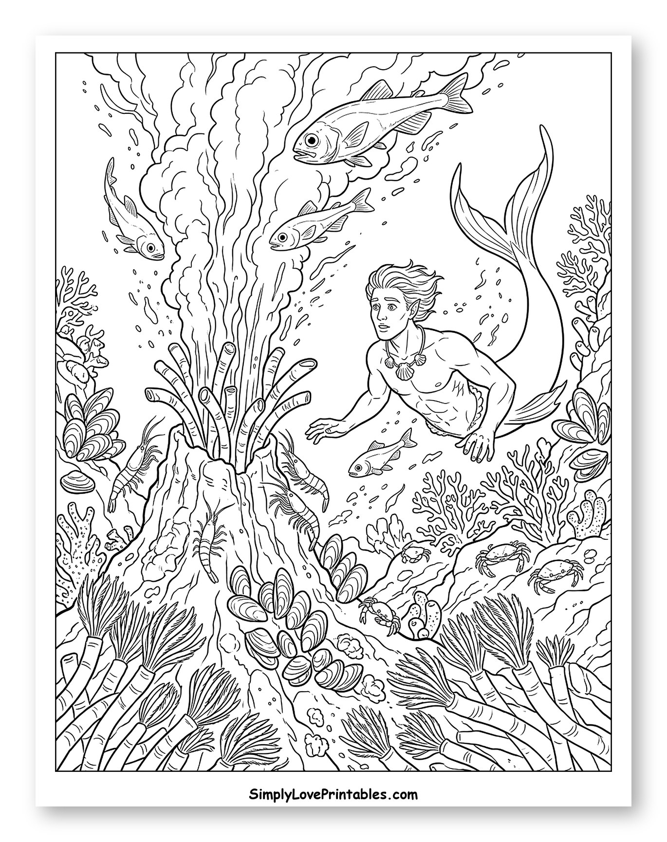 Merman Observing Deep Sea Hydrothermal Vent Coloring Sheet