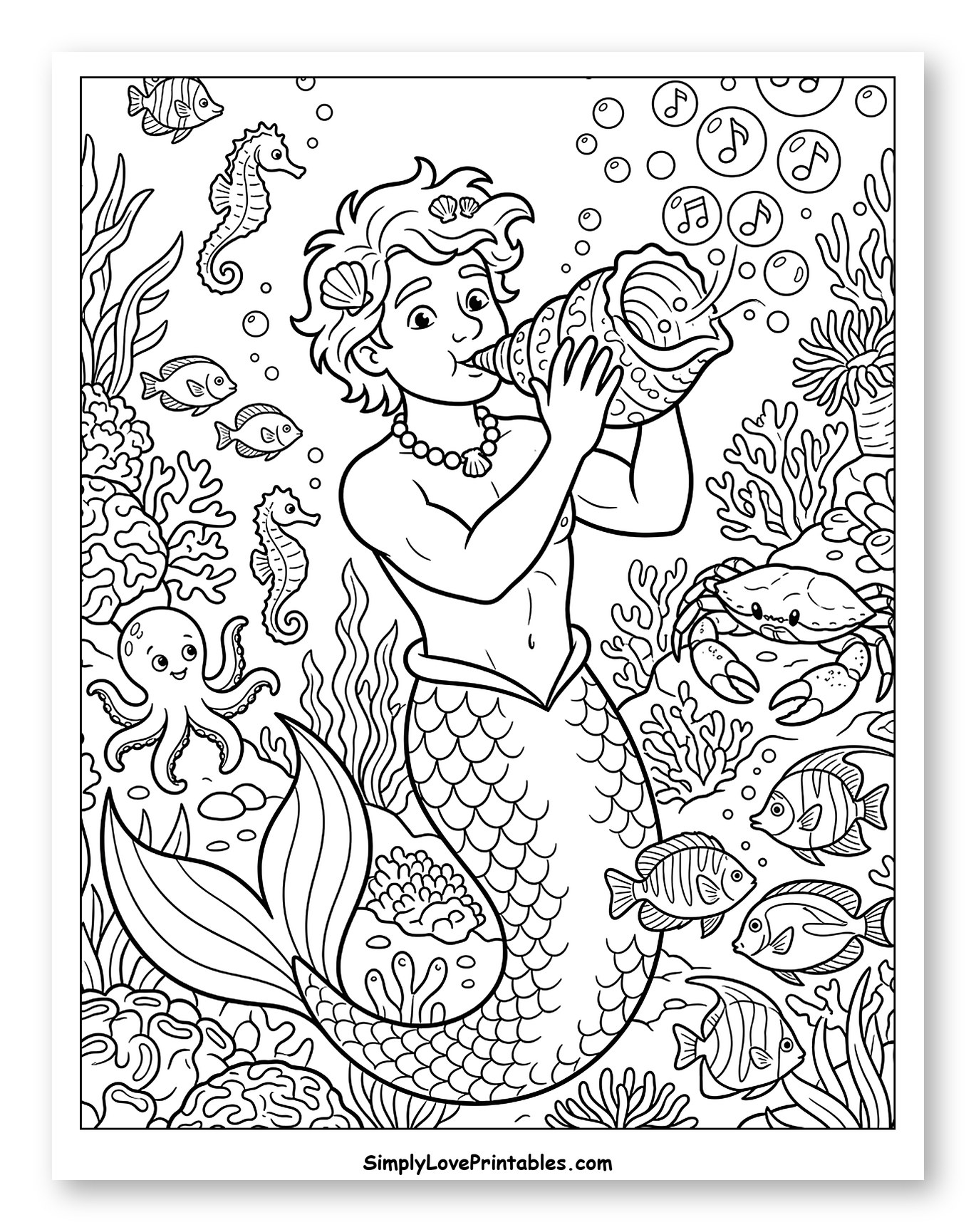 Merman Playing Conch Shell with Sea Creatures Coloring Sheet for Kids