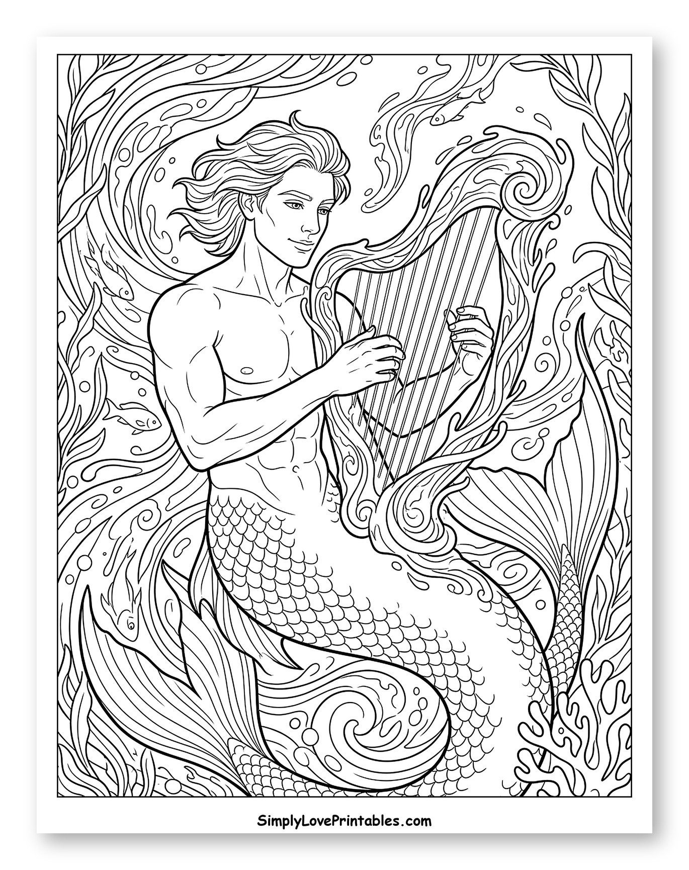 Merman Playing Harp Amidst Seaweed and Fish Coloring Page
