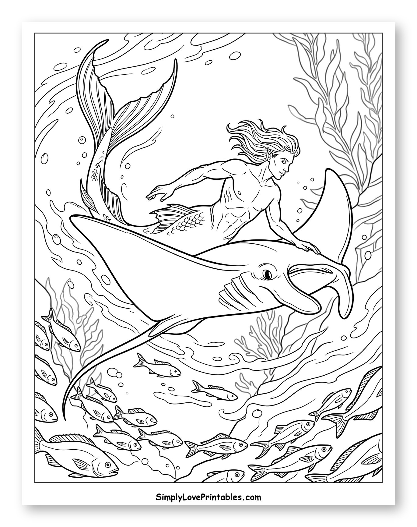 Merman Riding a Manta Ray Underwater