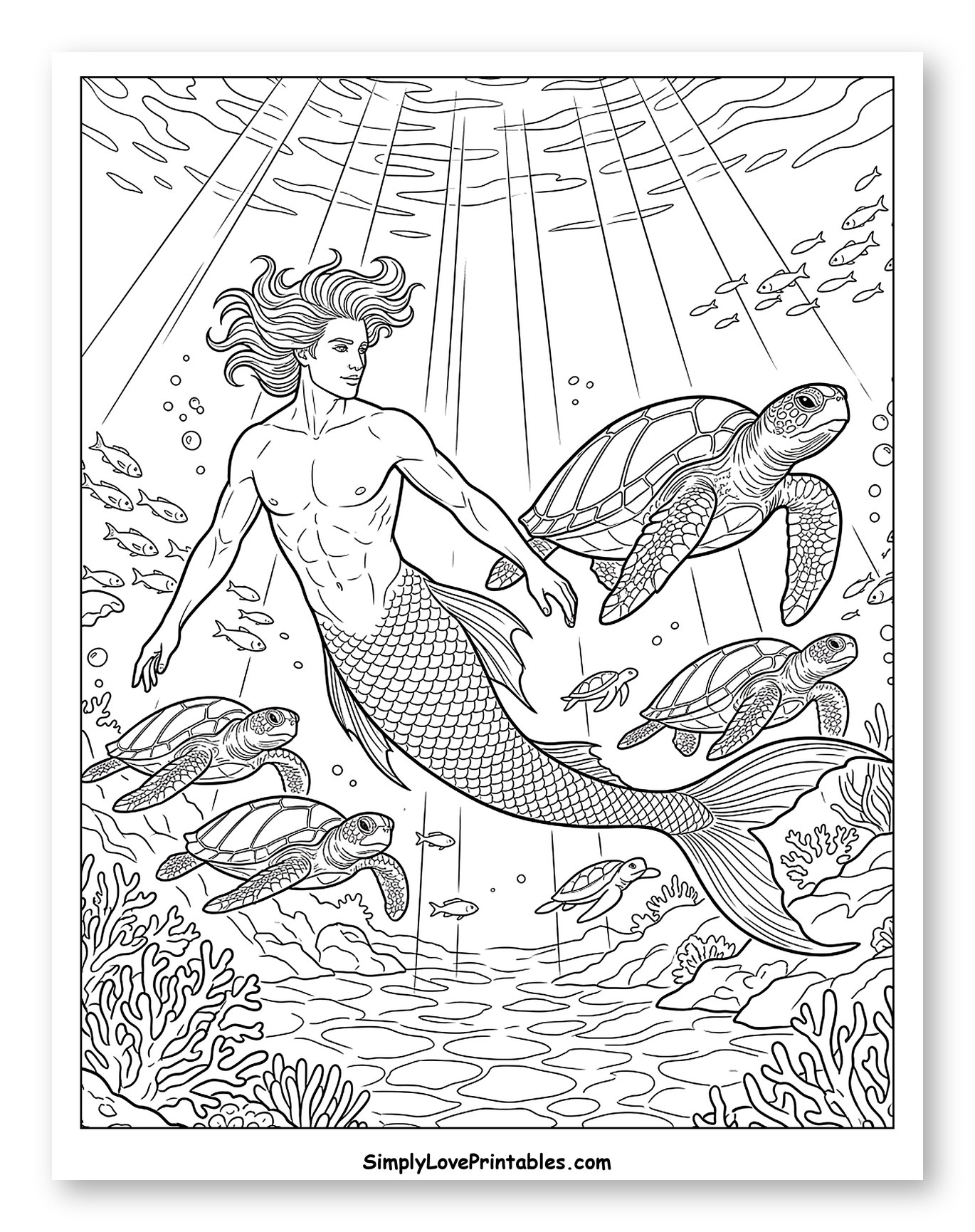 Merman Swimming with Sea Turtles and Fish