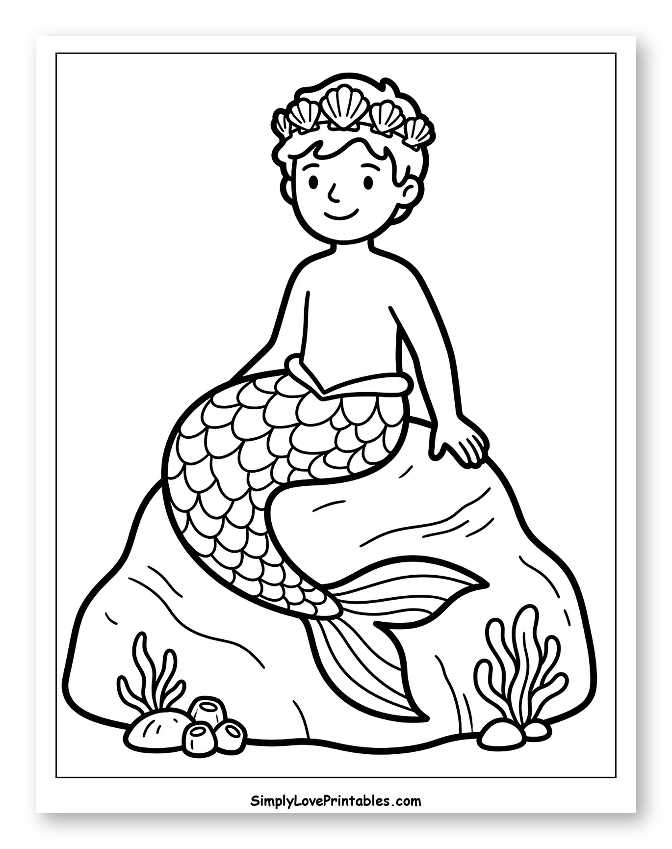 Merman with Shell Crown Sitting on a Rock to Color for Toddlers