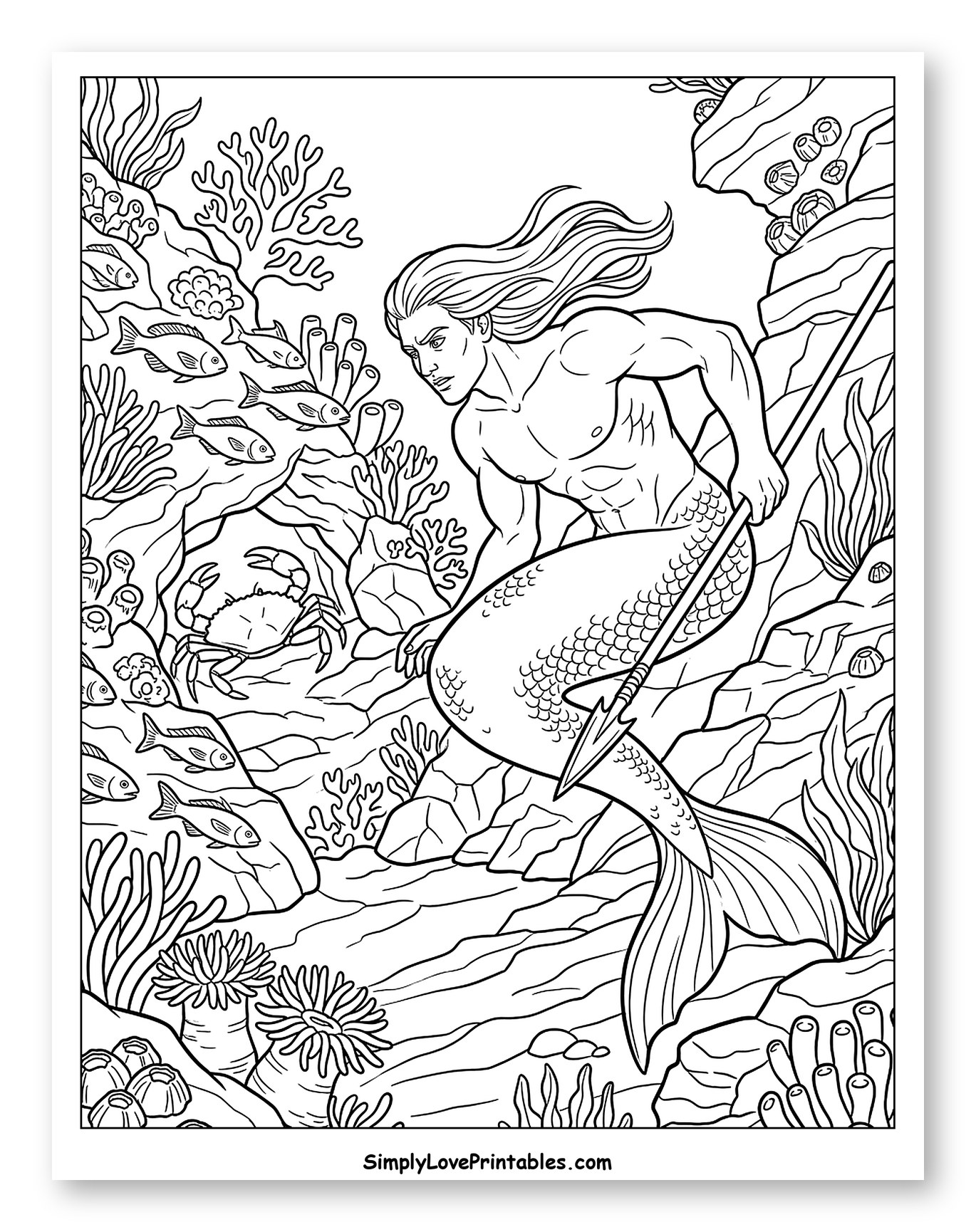 Merman with Trident in Coral Reef