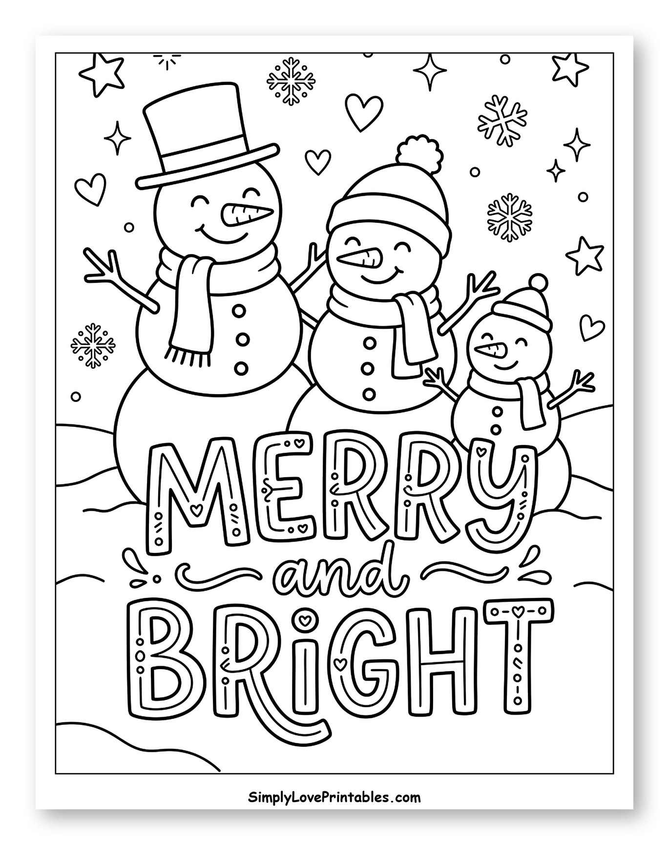 Merry and Bright Snowman Family Coloring Page for Adults
